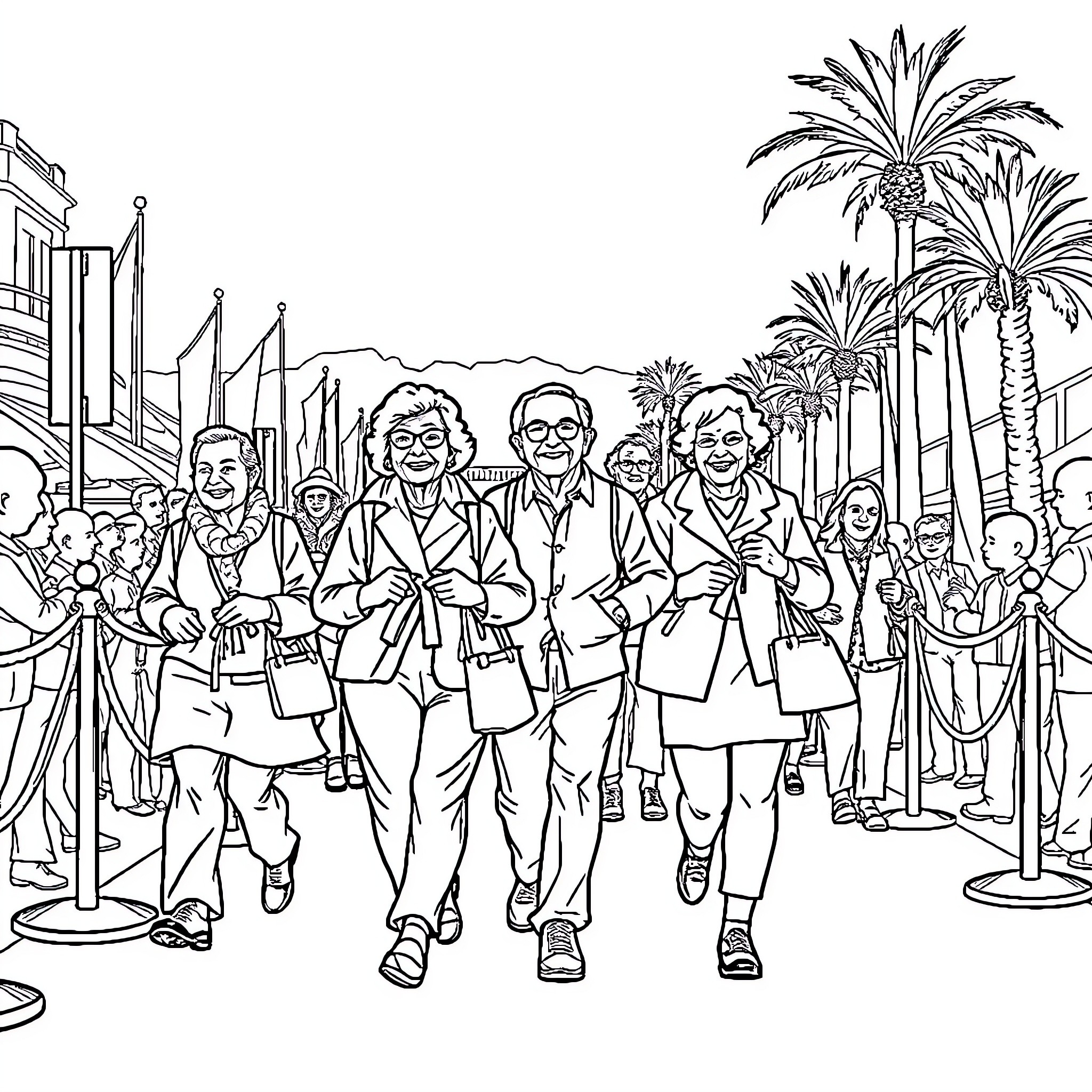 Person walking in formal attire on city street Coloring Page (free black-and-white line drawing printable PDF for all, from beginners to advanced learners, including children, teens, adults, and seniors)