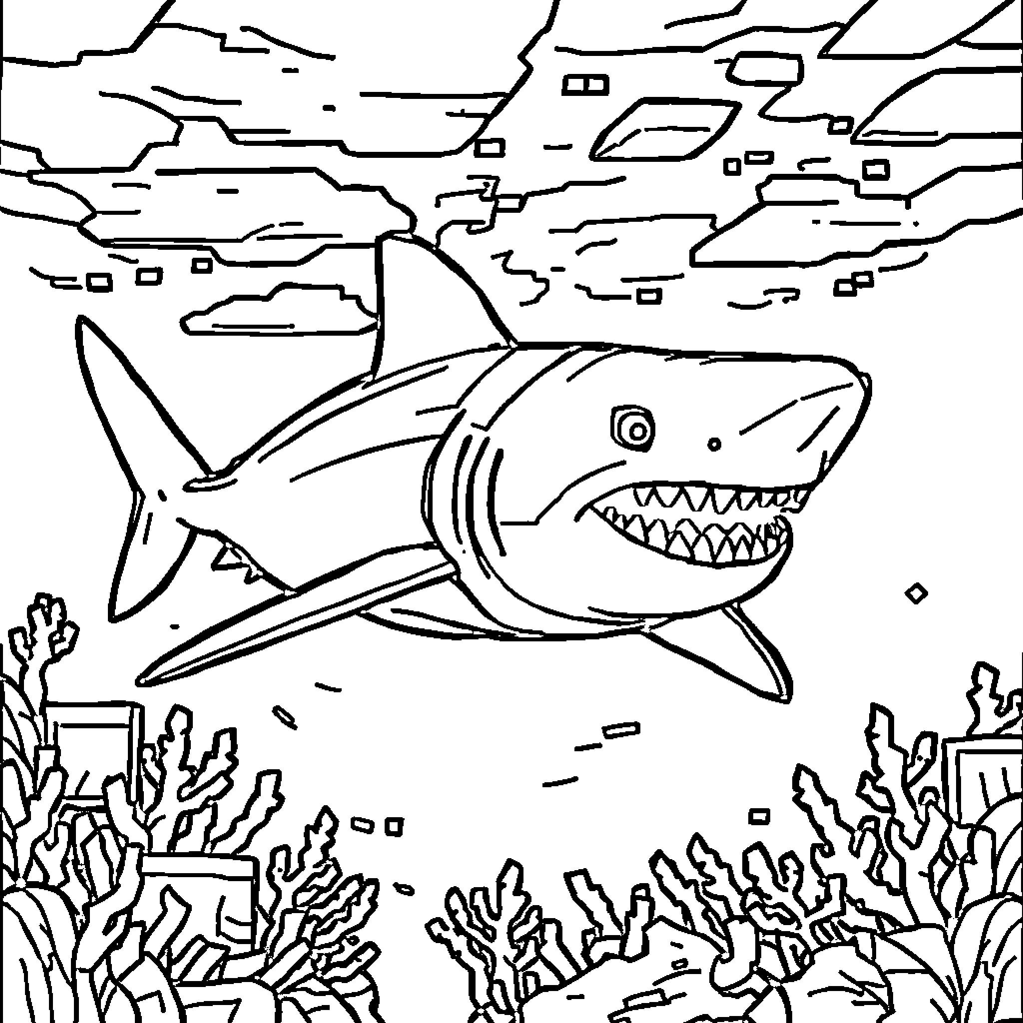 Shark swimming through the ocean Coloring Page (free black-and-white line drawing printable PDF for all, from beginners to advanced learners, including children, teens, adults, and seniors)