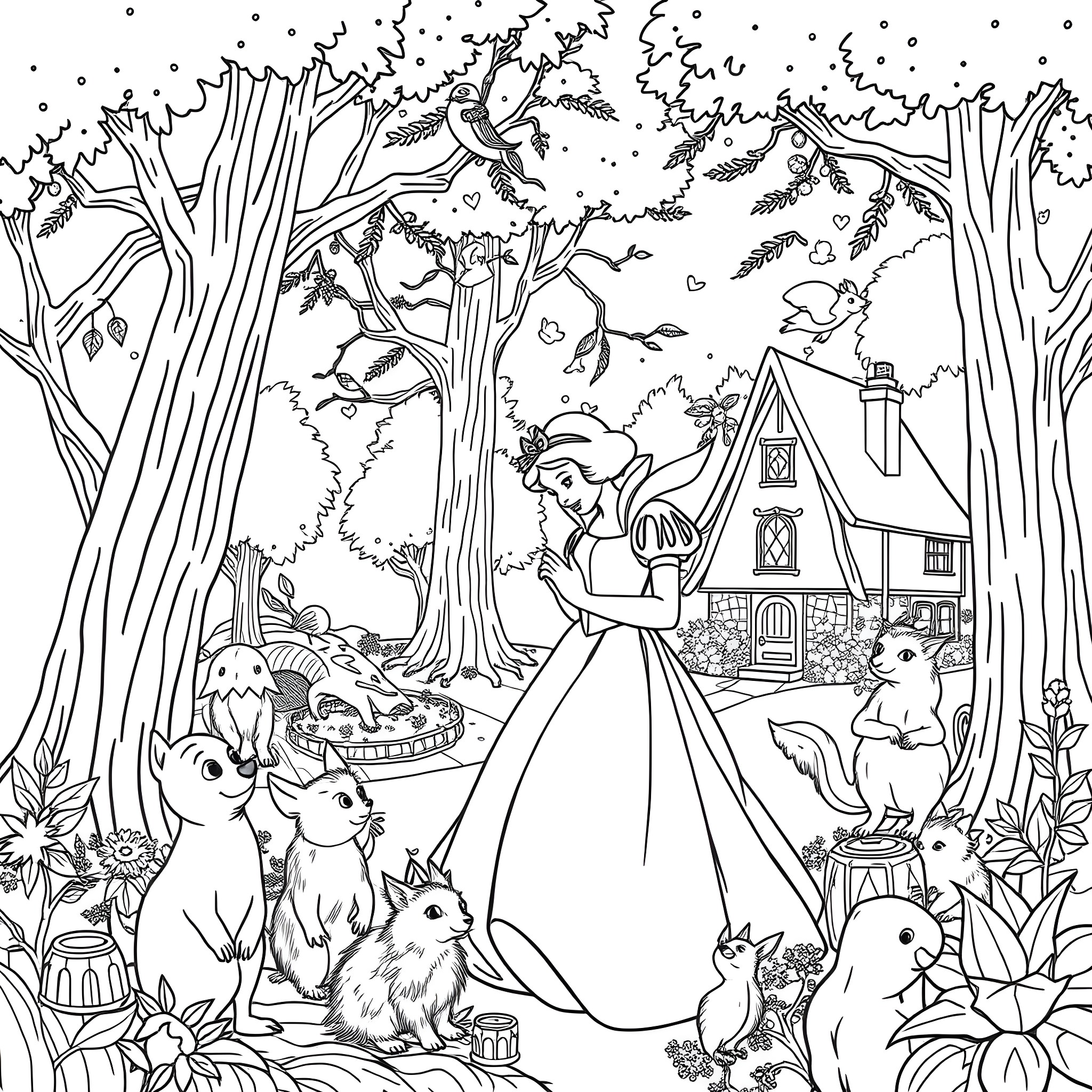 Snow White in the Enchanted Forest Coloring Page (free black-and-white line drawing printable PDF for all, from beginners to advanced learners, including children, teens, adults, and seniors)