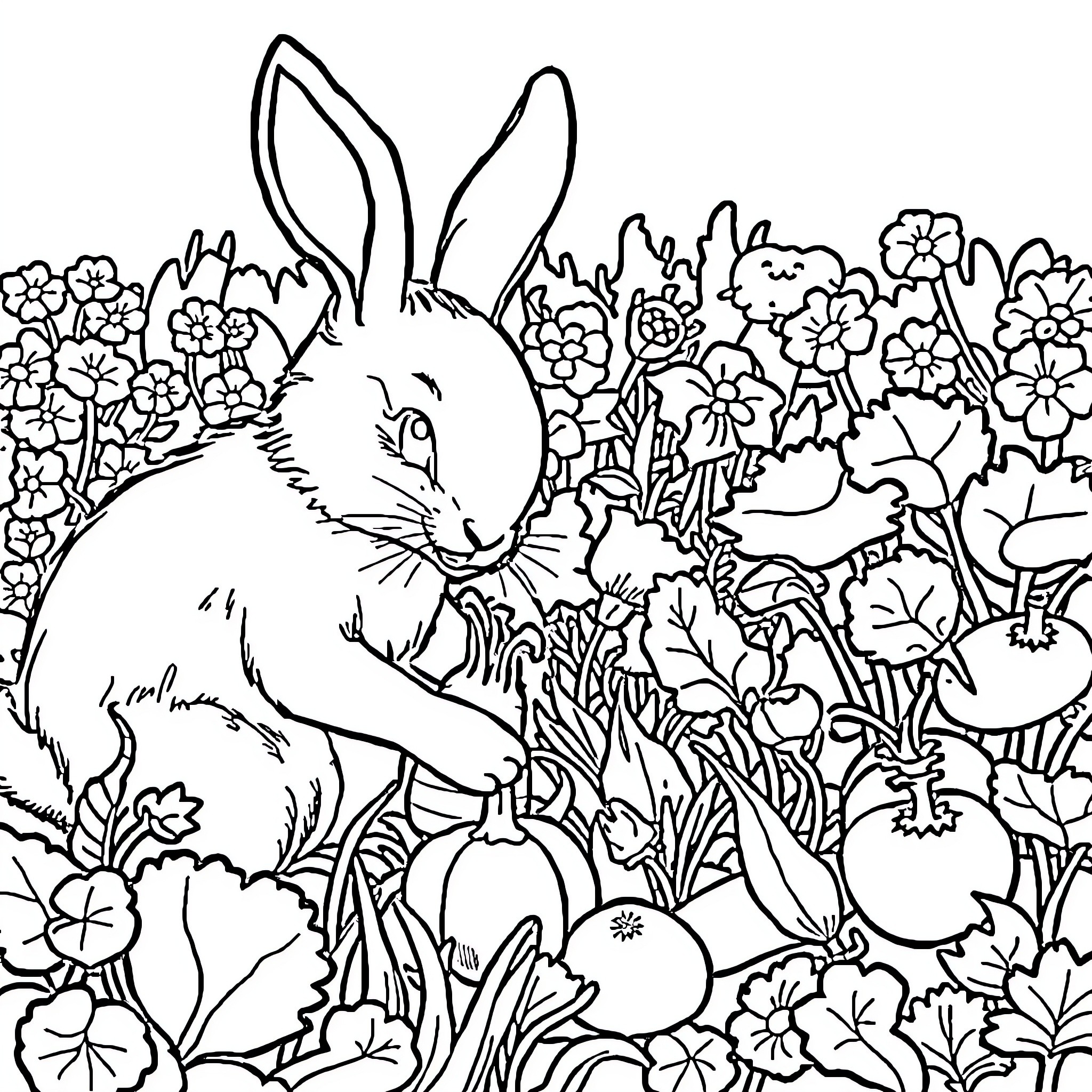 Rabbit in a garden of flowers Coloring Page (free black-and-white line drawing printable PDF for all, from beginners to advanced learners, including children, teens, adults, and seniors)