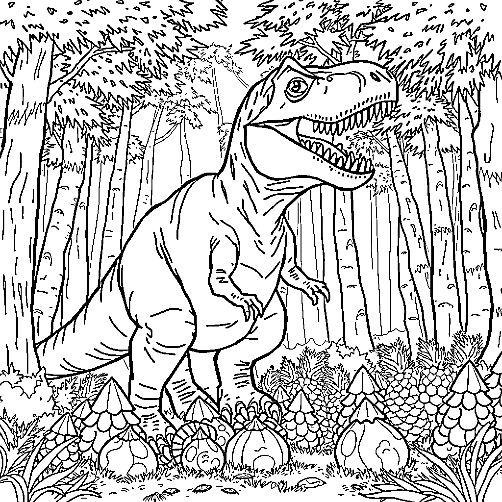 T-Rex Roaming in Prehistoric Forest Coloring Page (free black-and-white line drawing printable PDF for all, from beginners to advanced learners, including children, teens, adults, and seniors)