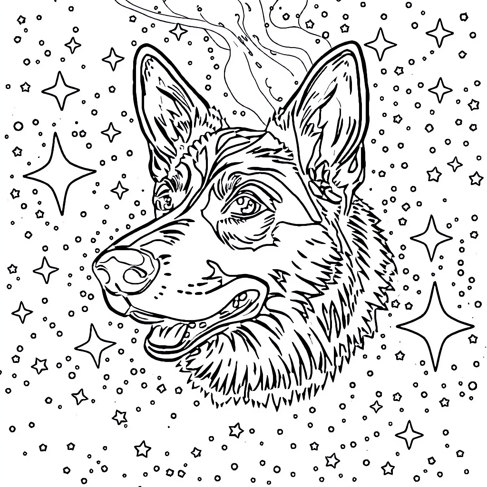 German Shepherd in Starry Night Sky Coloring Page (free black-and-white line drawing printable PDF for all, from beginners to advanced learners, including children, teens, adults, and seniors)