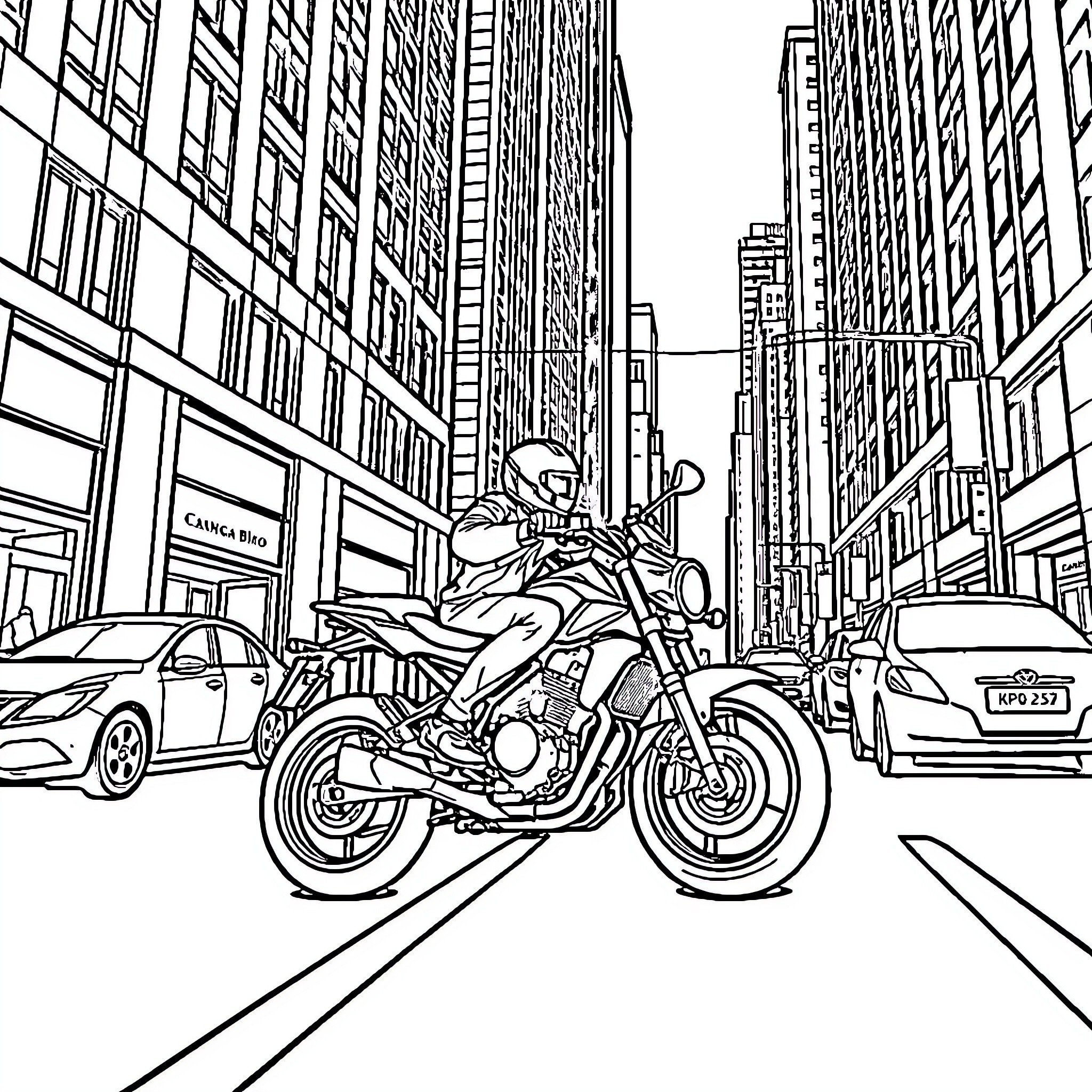 Motorcycle riding through busy city streets Coloring Page (free black-and-white line drawing printable PDF for all, from beginners to advanced learners, including children, teens, adults, and seniors)