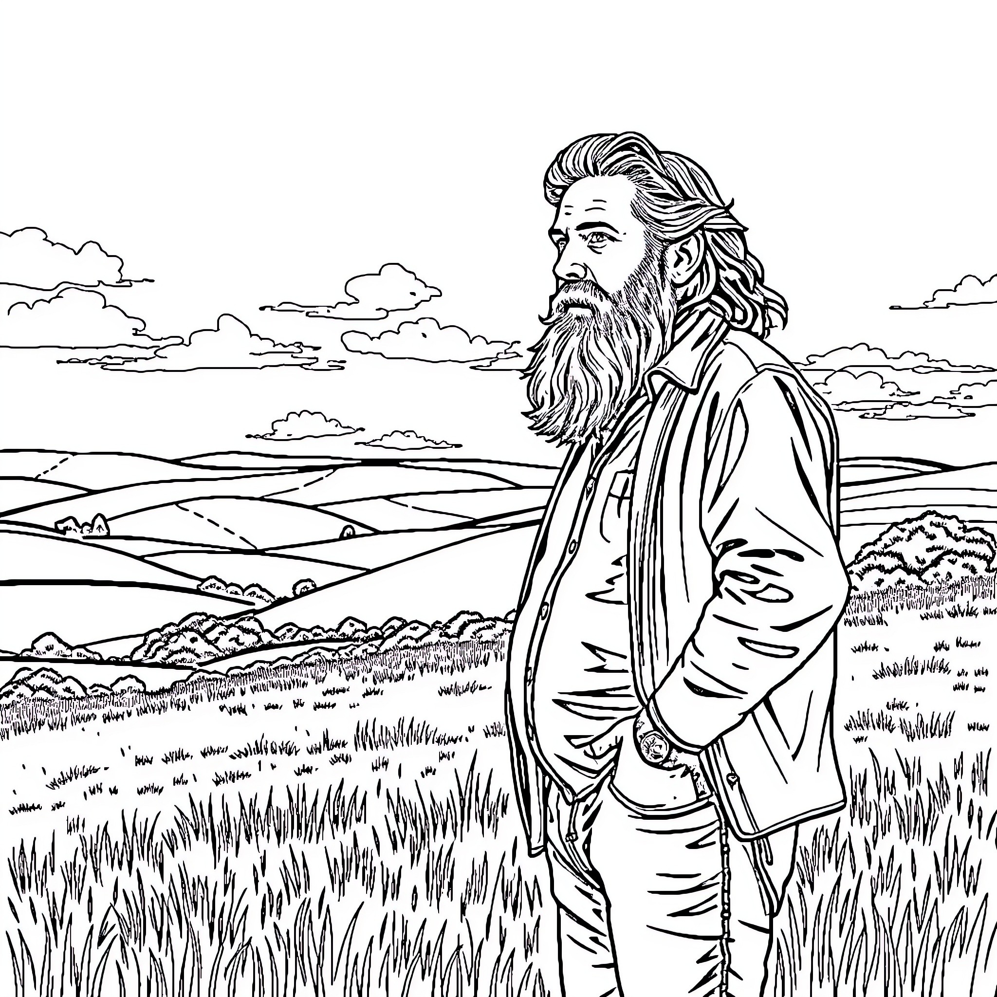 Mick Foley in a pensive pose overlooking a pastoral landscape Coloring Page (free black-and-white line drawing printable PDF for all, from beginners to advanced learners, including children, teens, adults, and seniors)