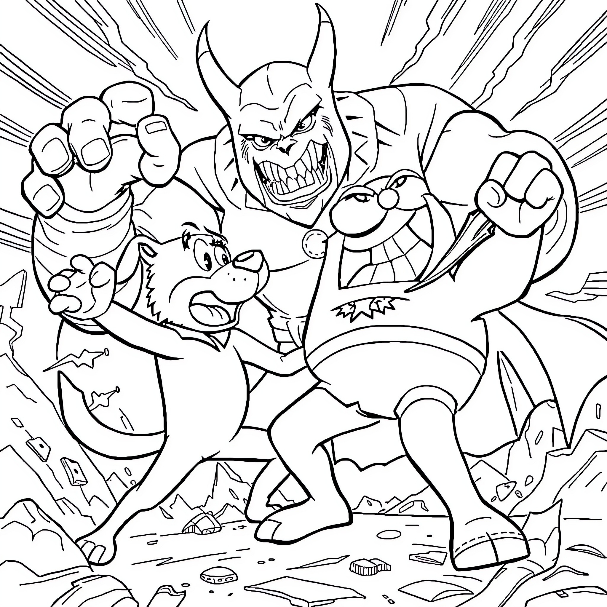 Dog Man Battling Villainous Foes in Epic Showdown Coloring Page (free black-and-white line drawing printable PDF for all, from beginners to advanced learners, including children, teens, adults, and seniors)