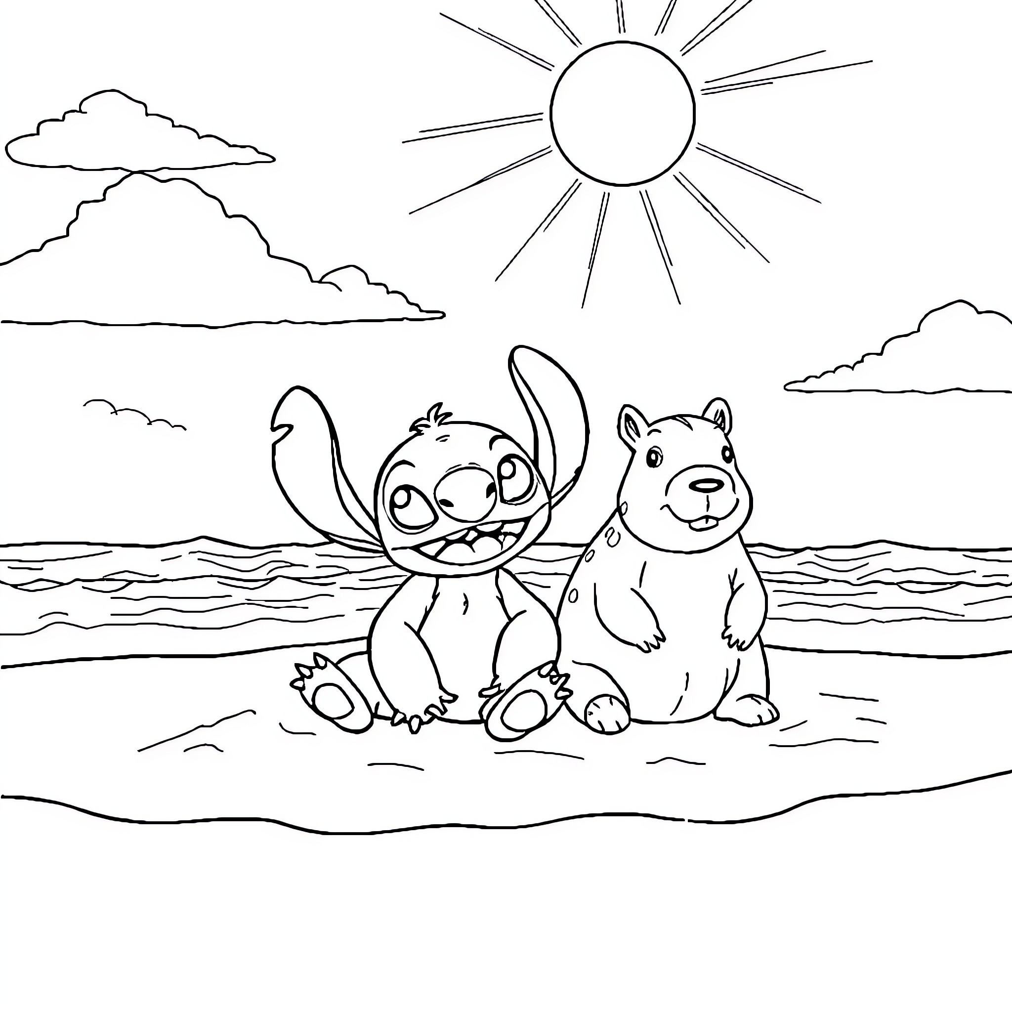 Stitch and Teddy Bear Enjoy the Beach Coloring Page (free black-and-white line drawing printable PDF for all, from beginners to advanced learners, including children, teens, adults, and seniors)