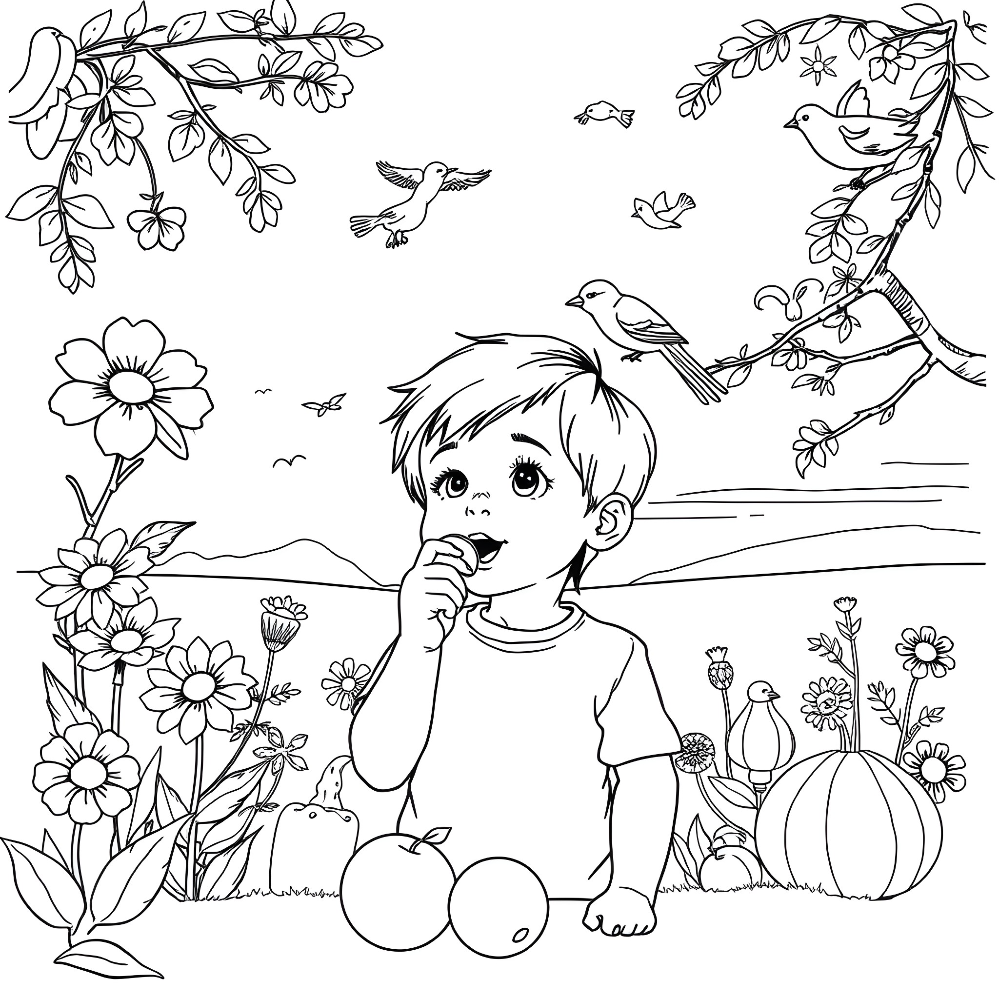 Sense of Whimsy and Nature Coloring Page (free black-and-white line drawing printable PDF for all, from beginners to advanced learners, including children, teens, adults, and seniors)