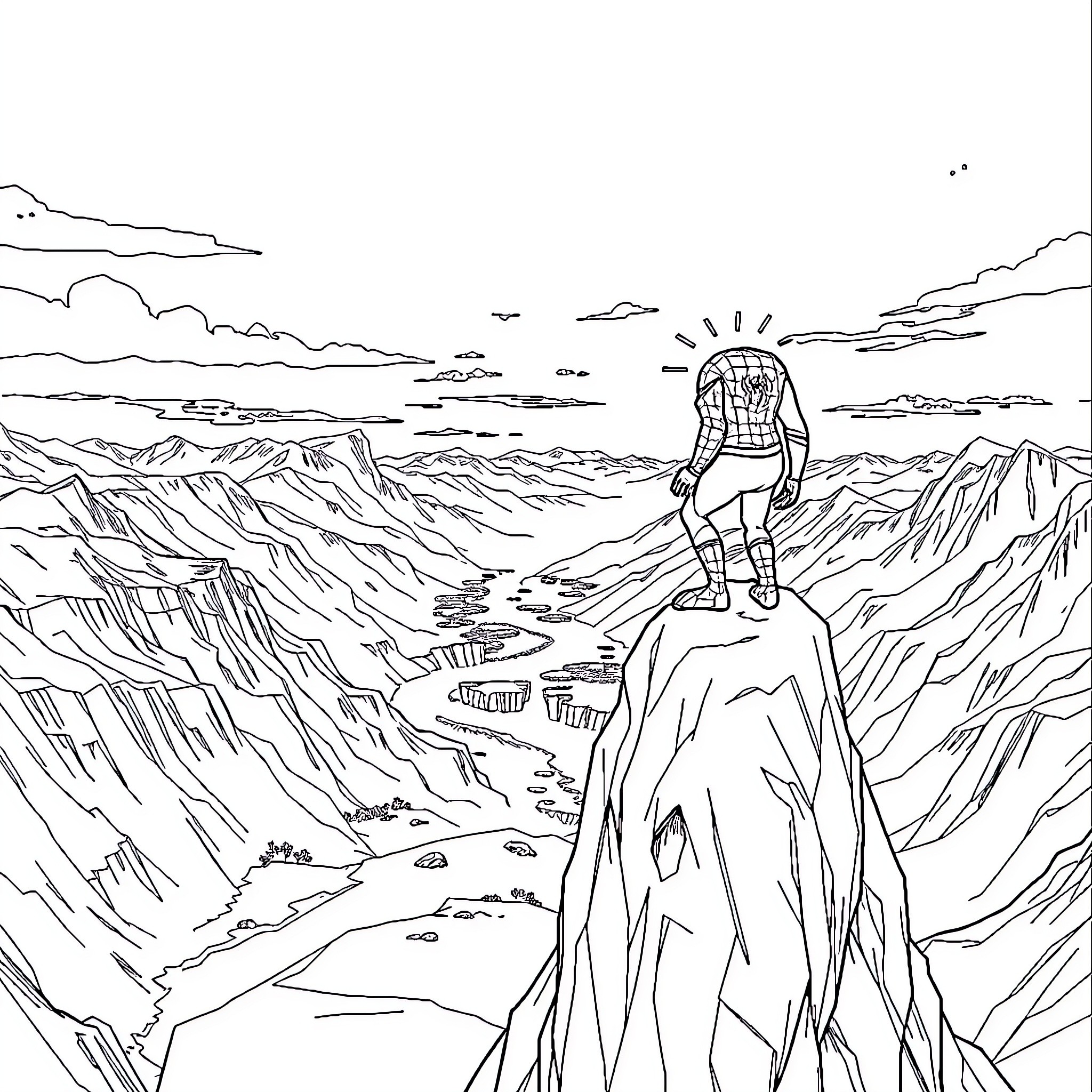 Spider-Man overlooking the rugged, mountainous landscape Coloring Page (free black-and-white line drawing printable PDF for all, from beginners to advanced learners, including children, teens, adults, and seniors)
