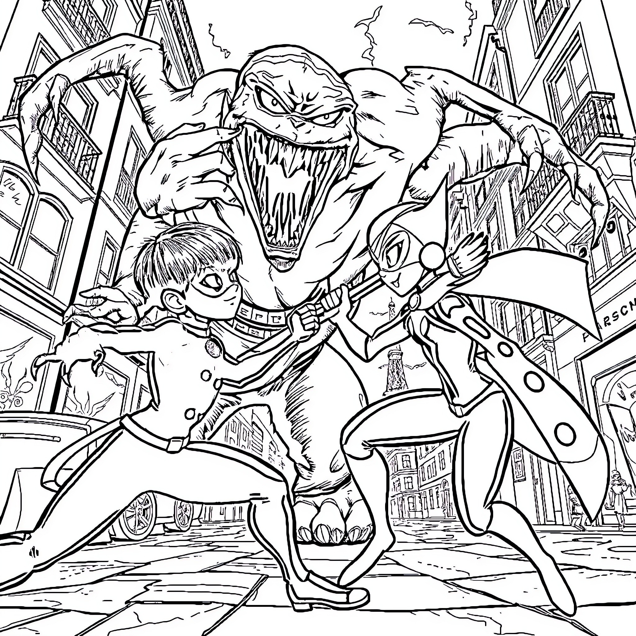 Ladybug heroically battles monstrous foes in the city Coloring Page (free black-and-white line drawing printable PDF for all, from beginners to advanced learners, including children, teens, adults, and seniors)