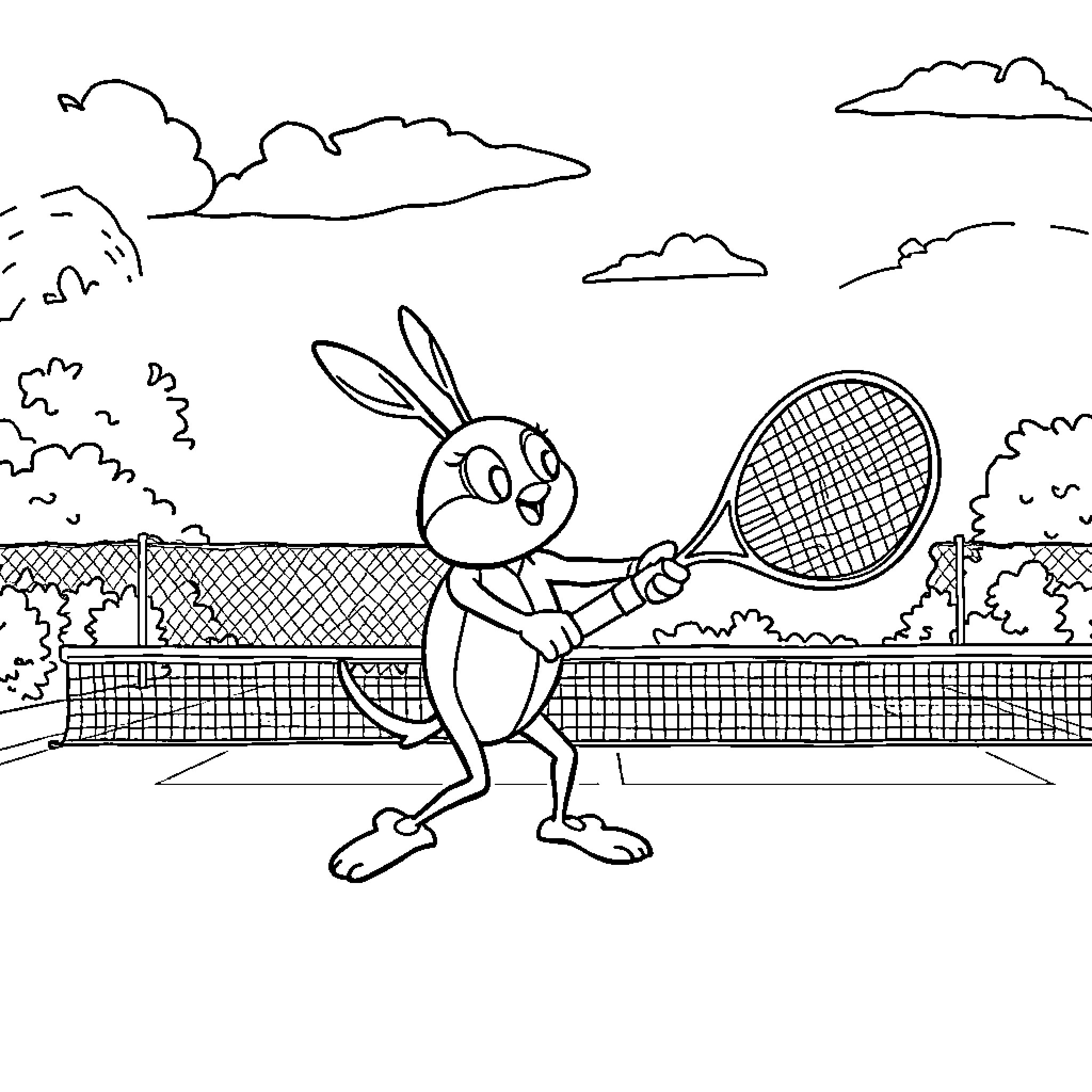Pat Patrouille Rabbit Playing Tennis on the Court Coloring Page (free black-and-white line drawing printable PDF for all, from beginners to advanced learners, including children, teens, adults, and seniors)
