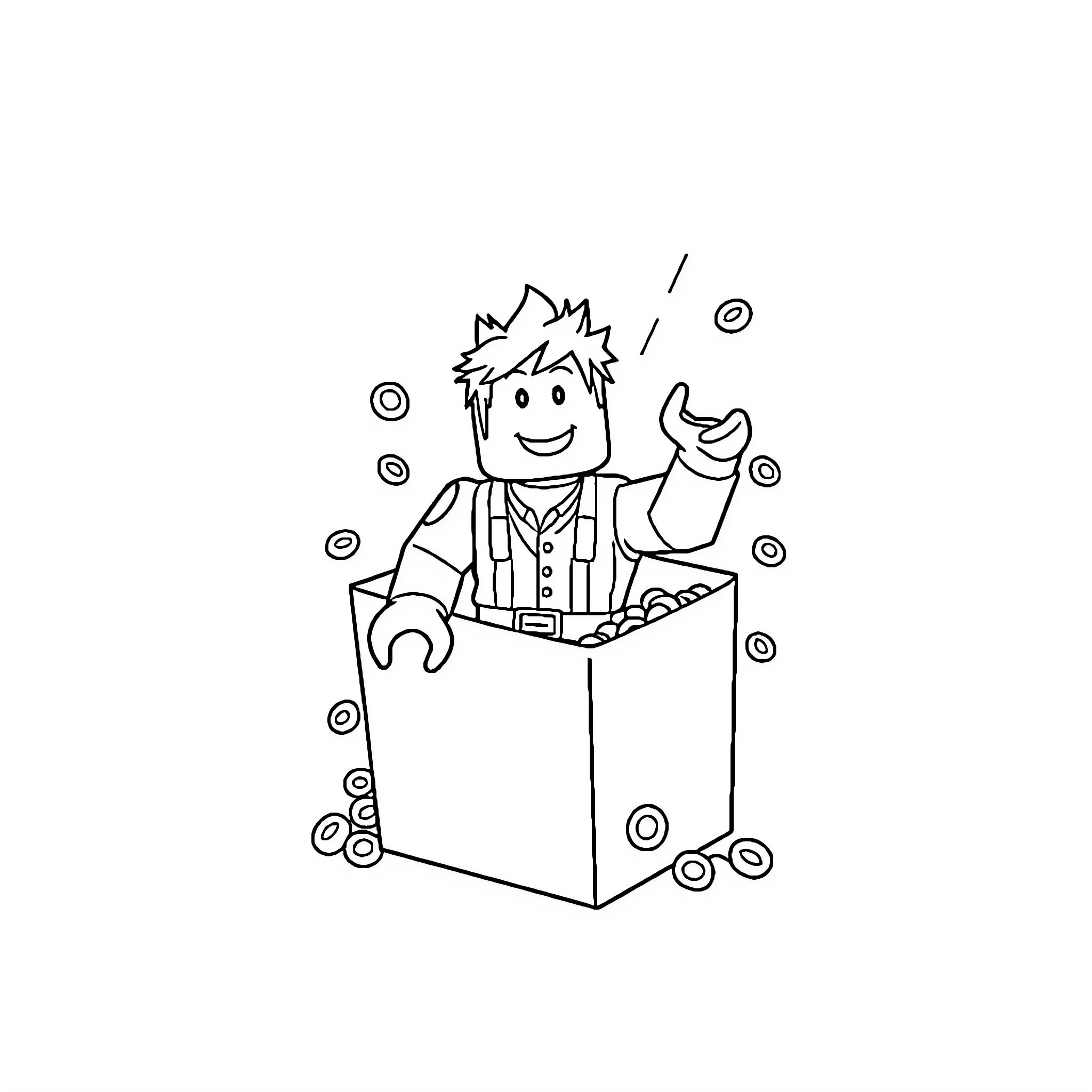 Roblox Figure Emerging from Box with Excitement Coloring Page (free black-and-white line drawing printable PDF for all, from beginners to advanced learners, including children, teens, adults, and seniors)