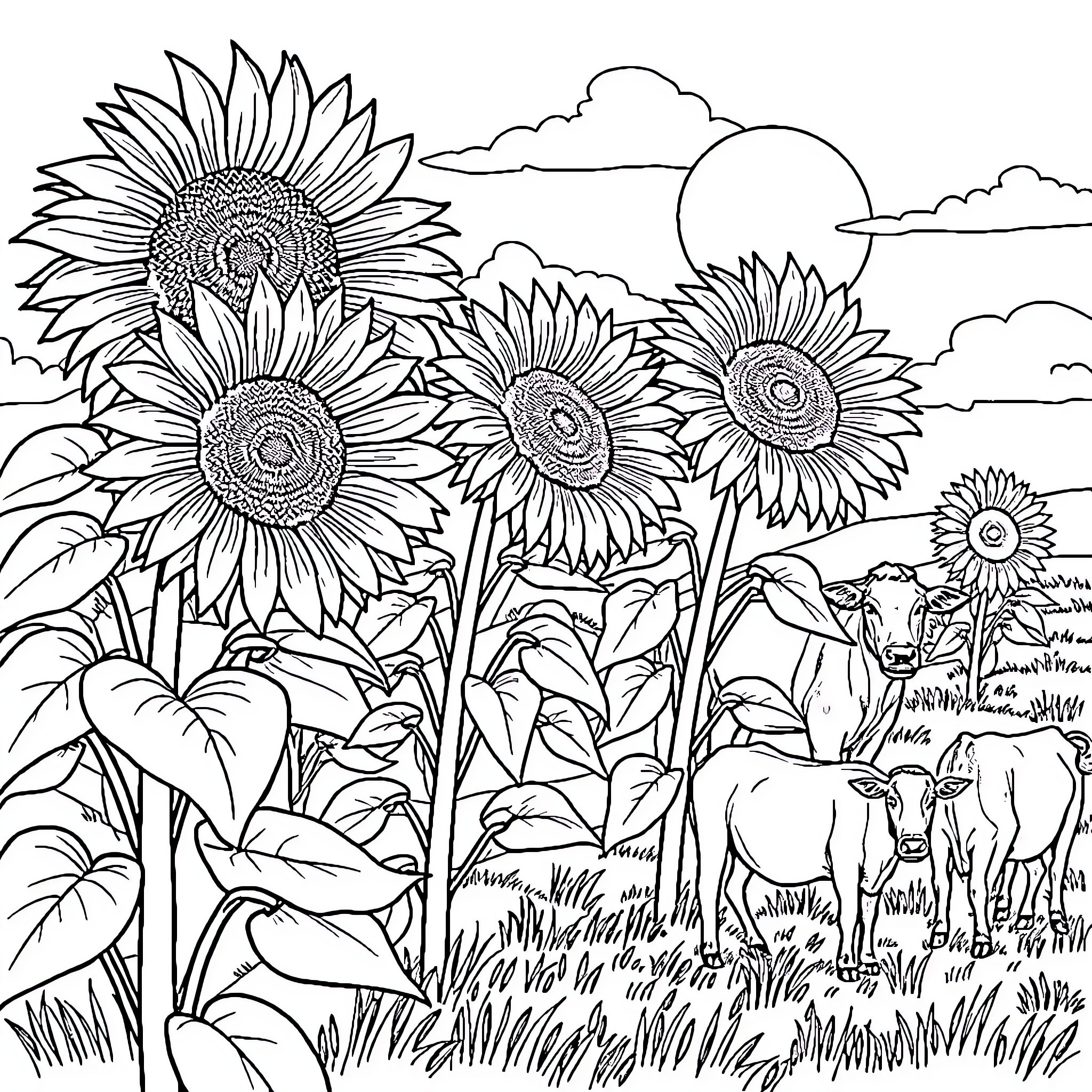 Sunflower field with grazing cows under cloudy sky Coloring Page (free black-and-white line drawing printable PDF for all, from beginners to advanced learners, including children, teens, adults, and seniors)