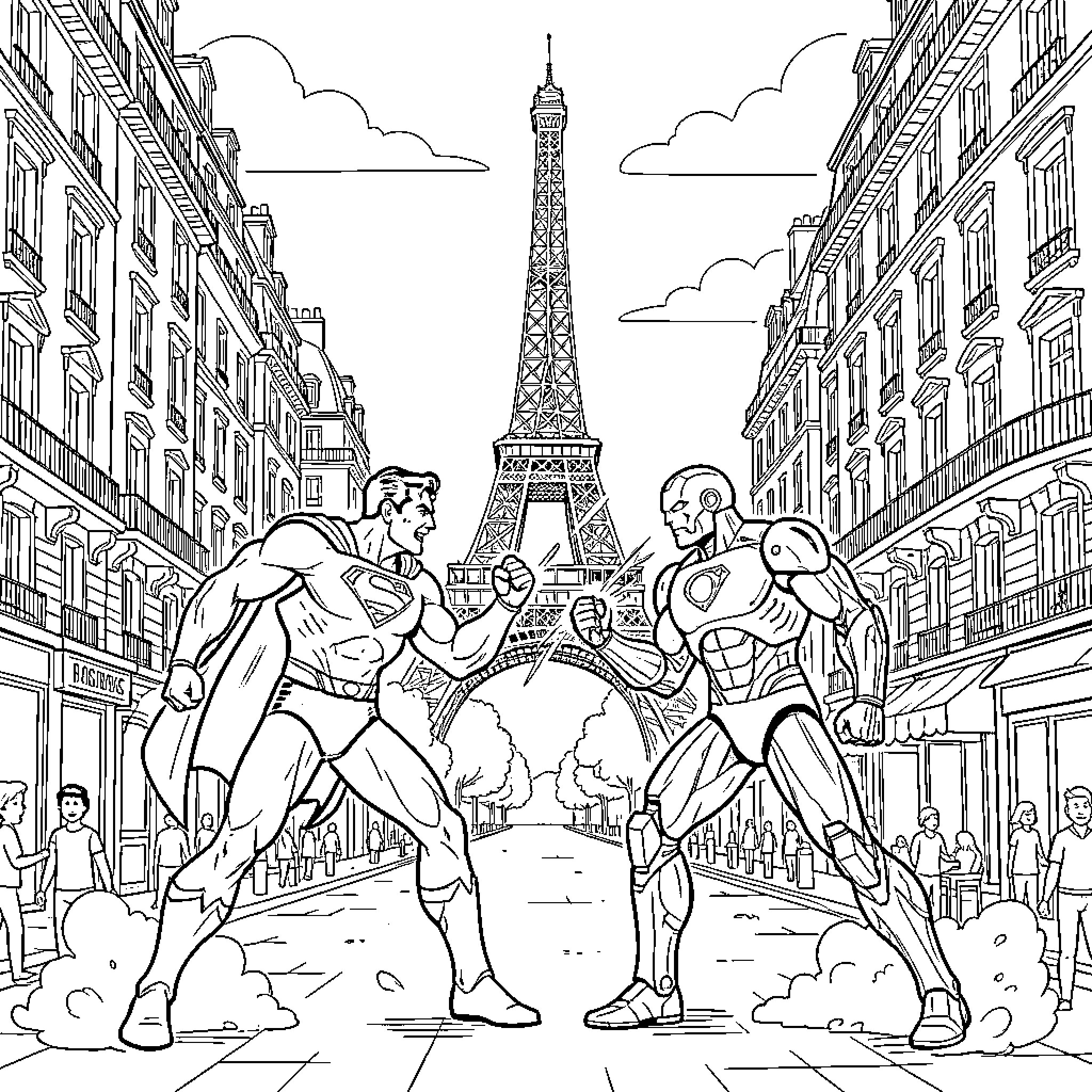Superman fighting a powerful armored robot in Paris Coloring Page (free black-and-white line drawing printable PDF for all, from beginners to advanced learners, including children, teens, adults, and seniors)
