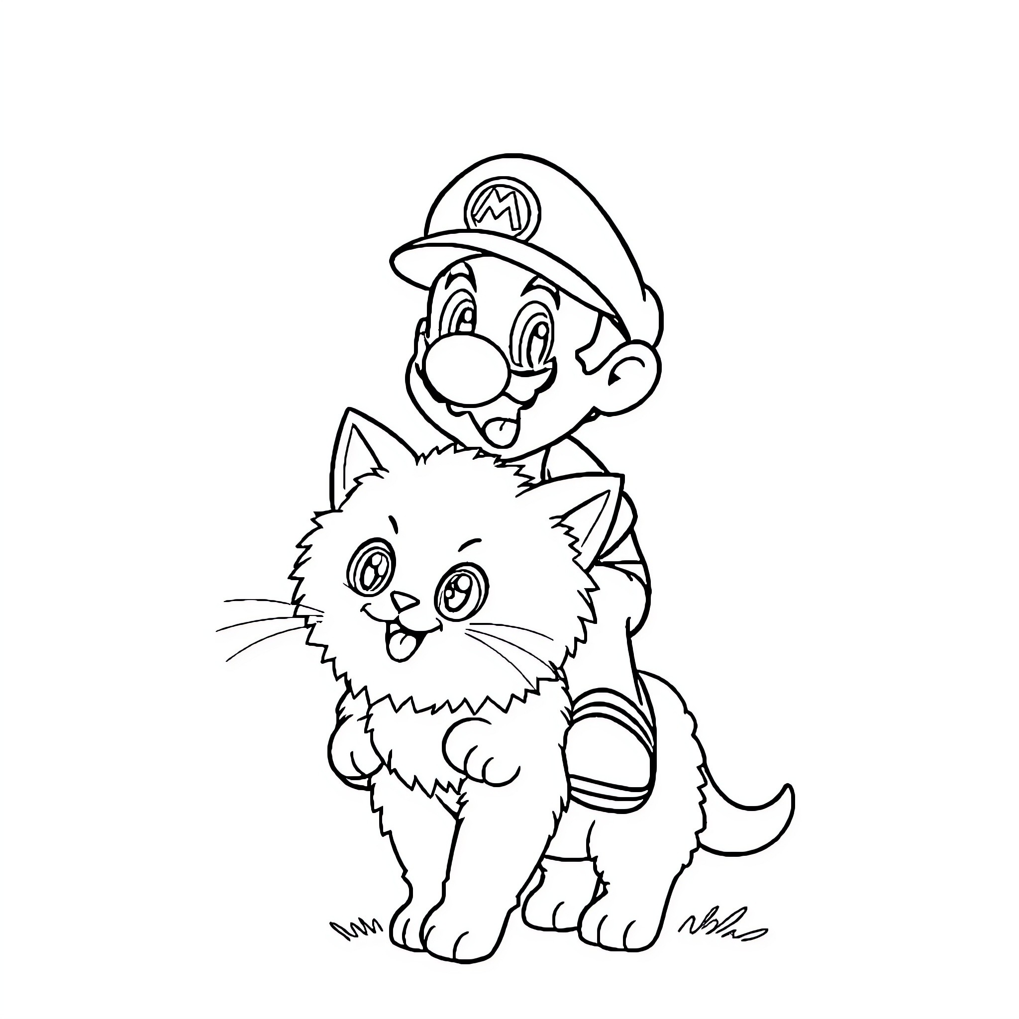 Mario playing with a cute kitten Coloring Page (free black-and-white line drawing printable PDF for all, from beginners to advanced learners, including children, teens, adults, and seniors)