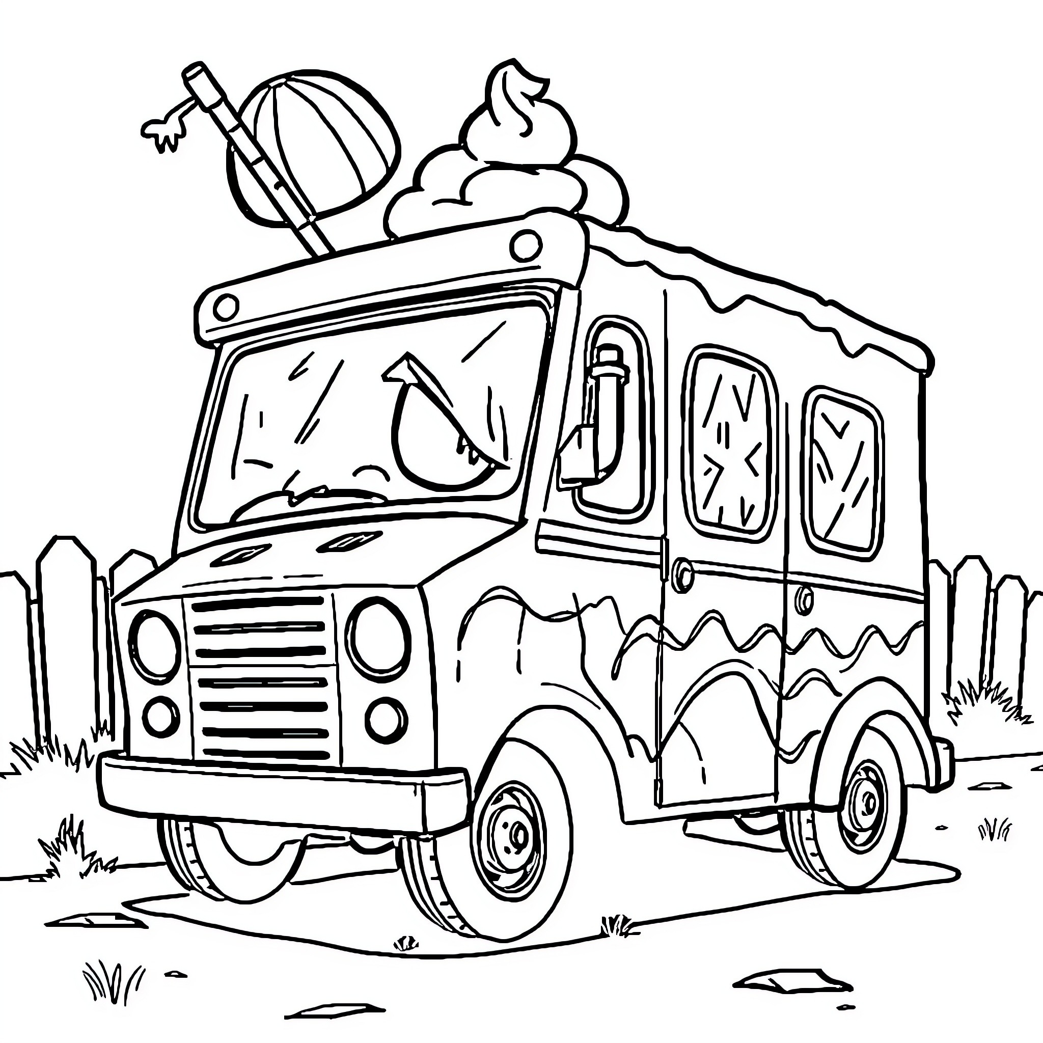 Ice Cream Truck Serving Treats on the Road Coloring Page (free black-and-white line drawing printable PDF for all, from beginners to advanced learners, including children, teens, adults, and seniors)