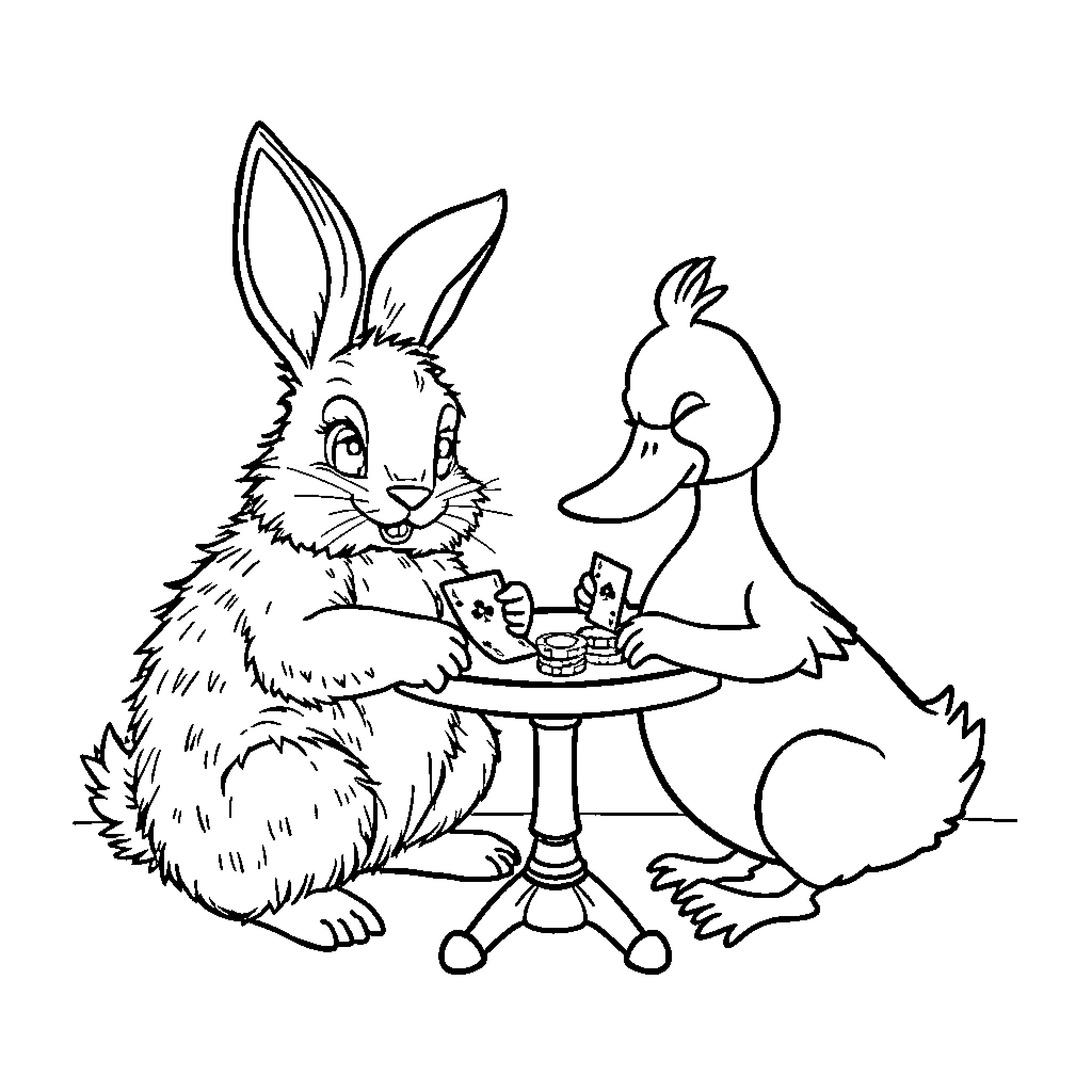 Rabbit and duck enjoying a tea party Coloring Page (free black-and-white line drawing printable PDF for all, from beginners to advanced learners, including children, teens, adults, and seniors)