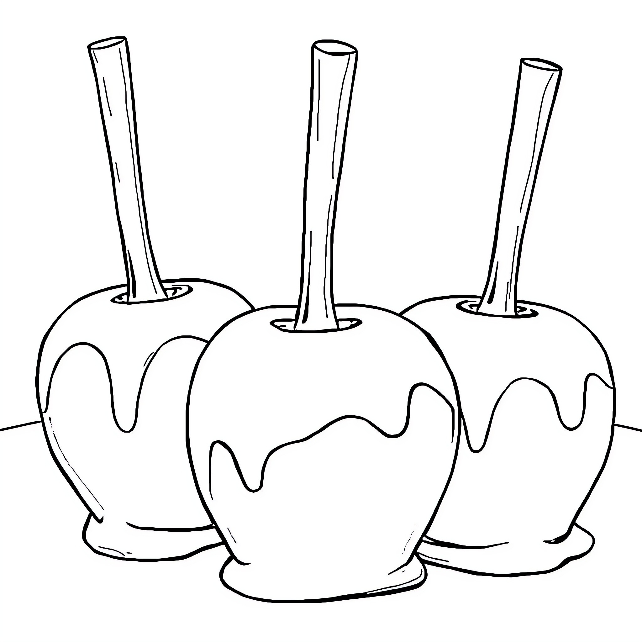 Caramel Apple Treats on Sticks Coloring Page (free black-and-white line drawing printable PDF for all, from beginners to advanced learners, including children, teens, adults, and seniors)