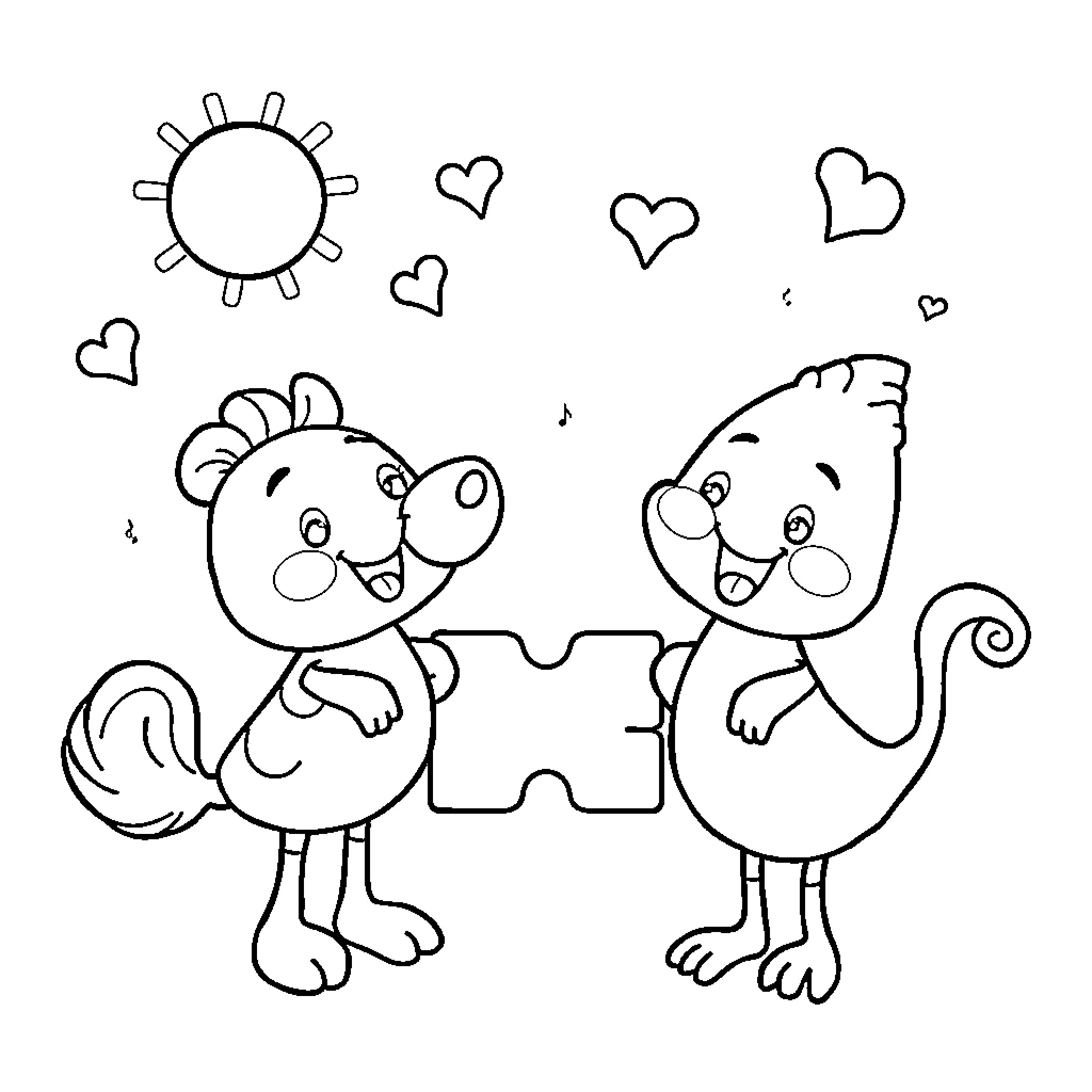 Chess Piece Friends Enjoying Sunshine and Hearts Coloring Page (free black-and-white line drawing printable PDF for all, from beginners to advanced learners, including children, teens, adults, and seniors)