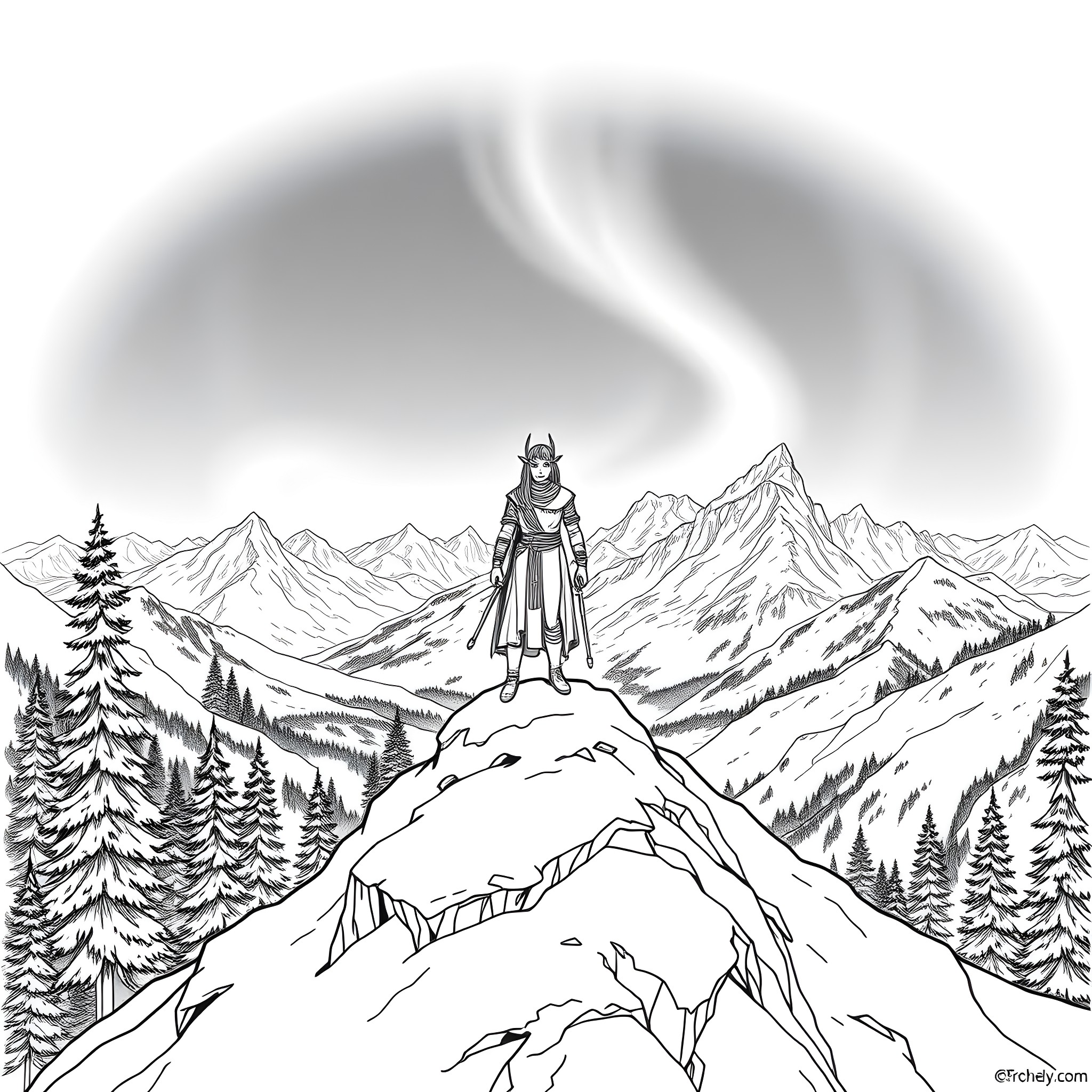 Elf warrior standing tall on a snowy mountain peak Coloring Page (free black-and-white line drawing printable PDF for all, from beginners to advanced learners, including children, teens, adults, and seniors)