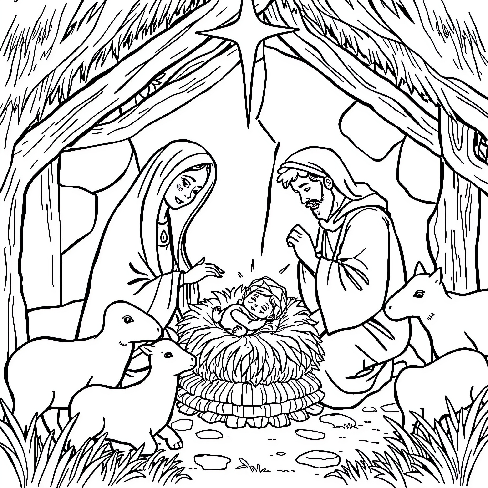 Jesus' miraculous birth in the manger surrounded by animals Coloring Page (free black-and-white line drawing printable PDF for all, from beginners to advanced learners, including children, teens, adults, and seniors)