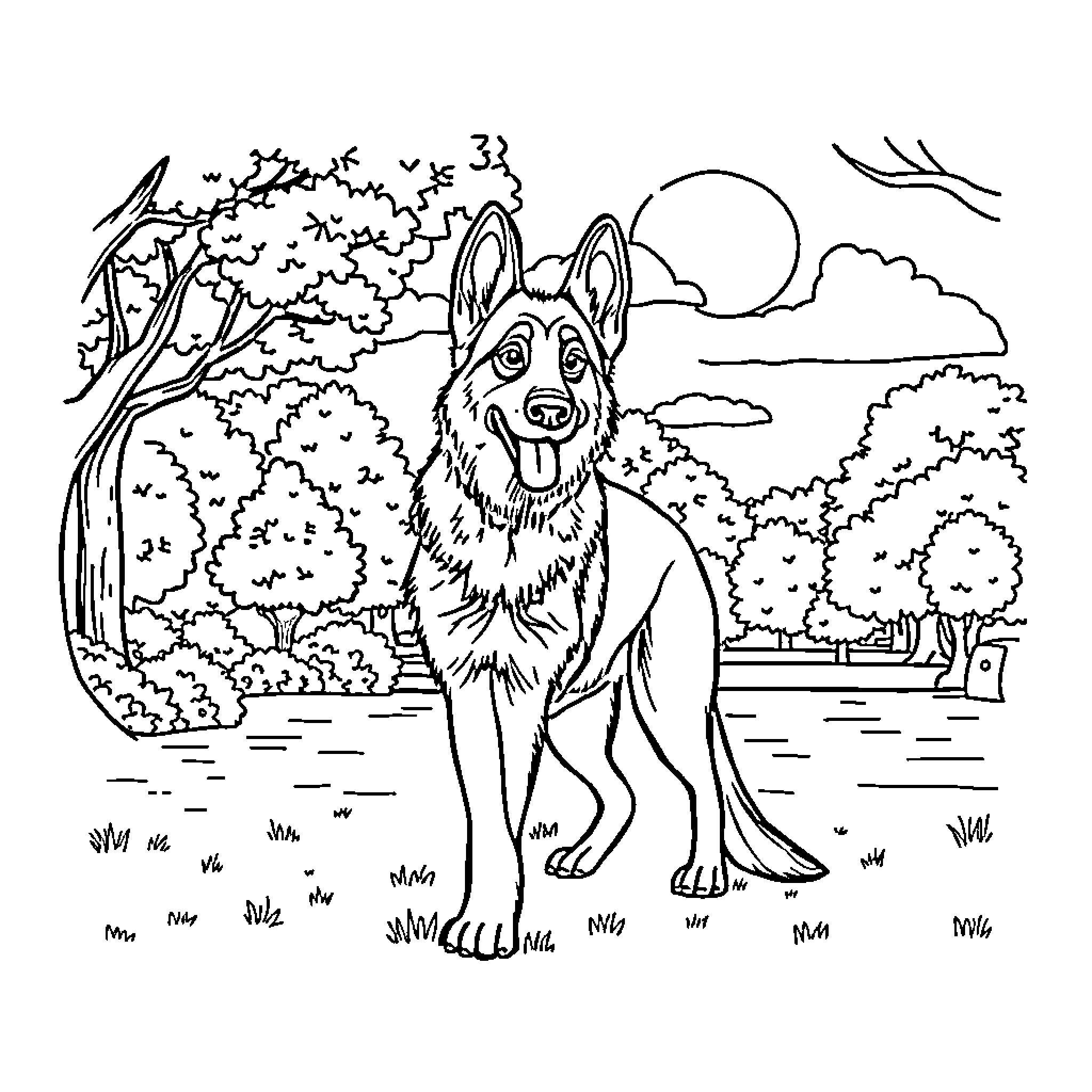 German Shepherd enjoying nature's beauty Coloring Page (free black-and-white line drawing printable PDF for all, from beginners to advanced learners, including children, teens, adults, and seniors)