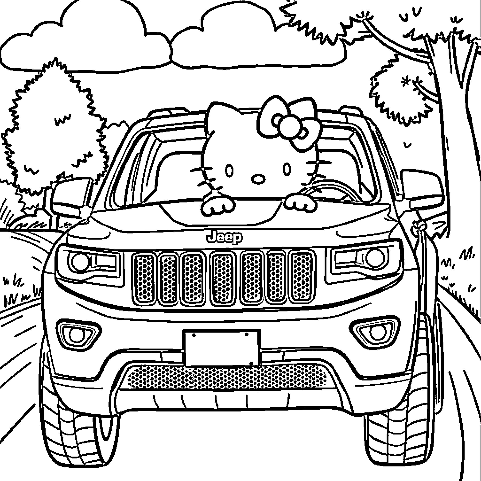 Hello Kitty riding in a Jeep through the forest Coloring Page (free black-and-white line drawing printable PDF for all, from beginners to advanced learners, including children, teens, adults, and seniors)