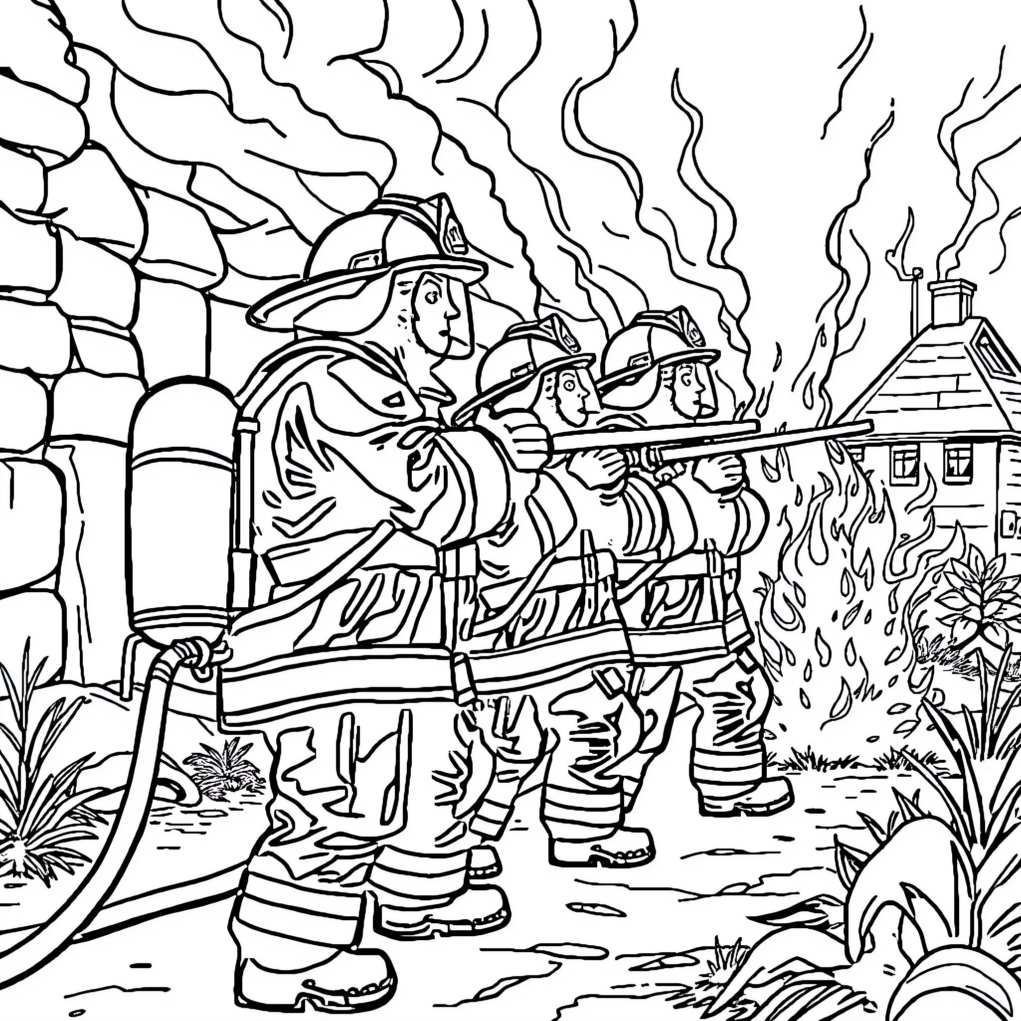 Firefighters battling a blaze in a burning building Coloring Page (free black-and-white line drawing printable PDF for all, from beginners to advanced learners, including children, teens, adults, and seniors)