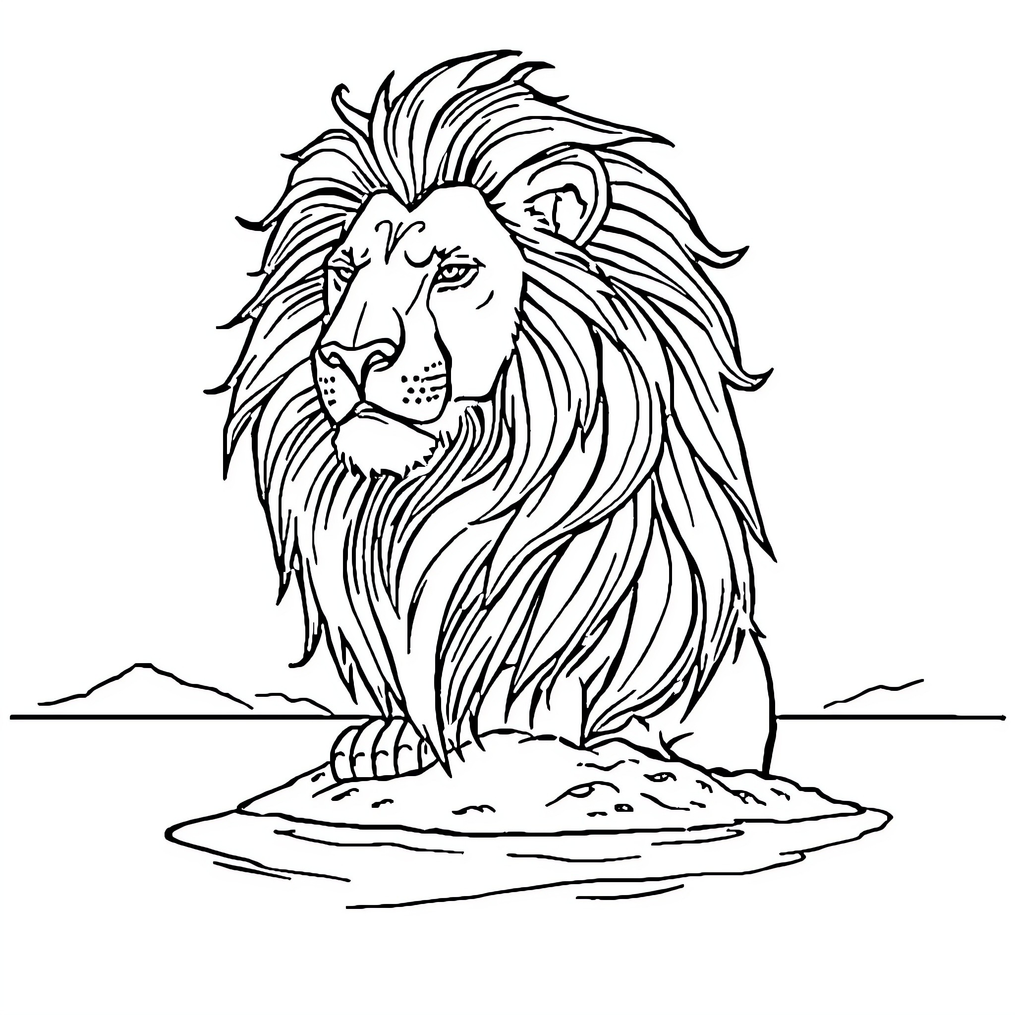Lion resting on rocky island Coloring Page (free black-and-white line drawing printable PDF for all, from beginners to advanced learners, including children, teens, adults, and seniors)