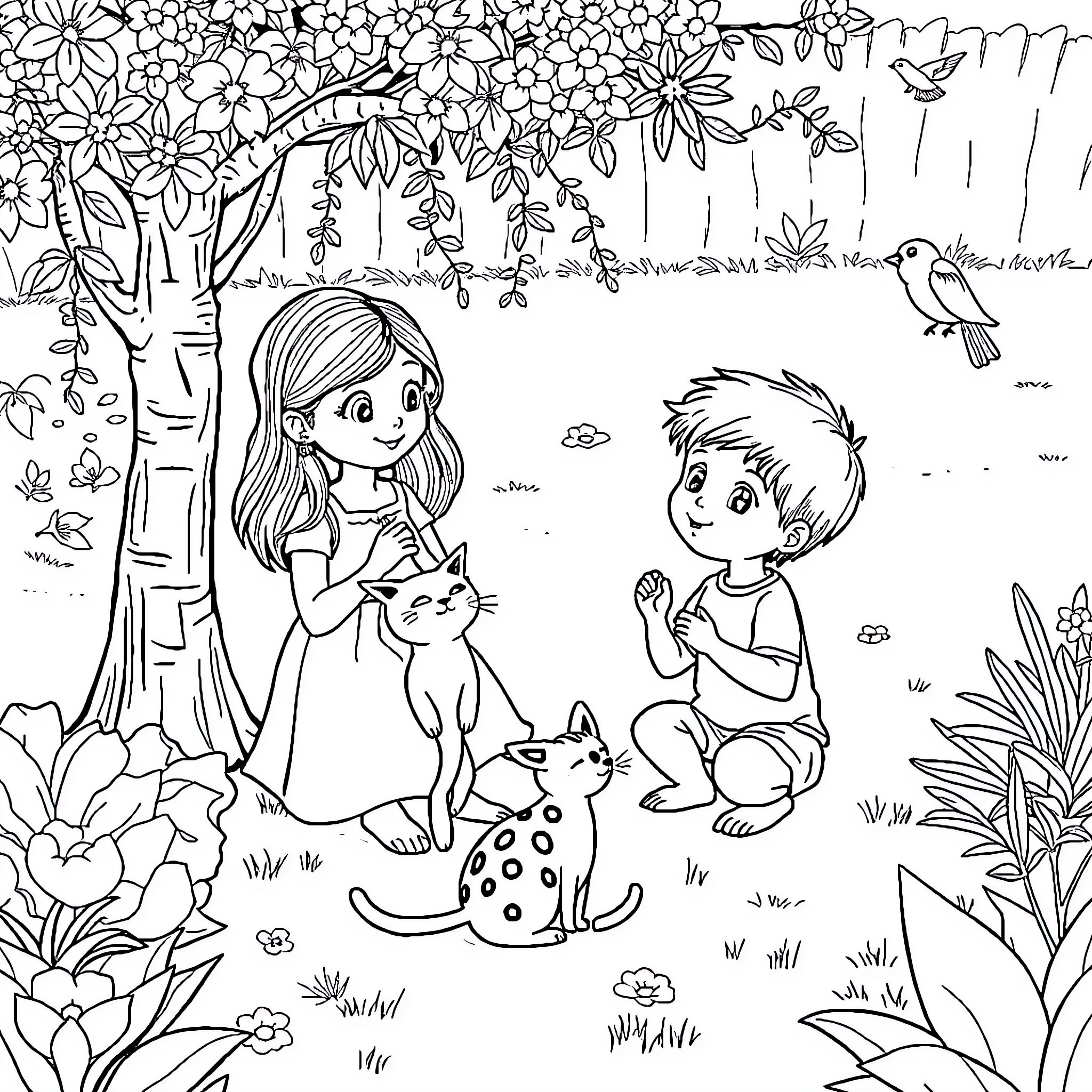 Child playing with pets in the flowery garden Coloring Page (free black-and-white line drawing printable PDF for all, from beginners to advanced learners, including children, teens, adults, and seniors)