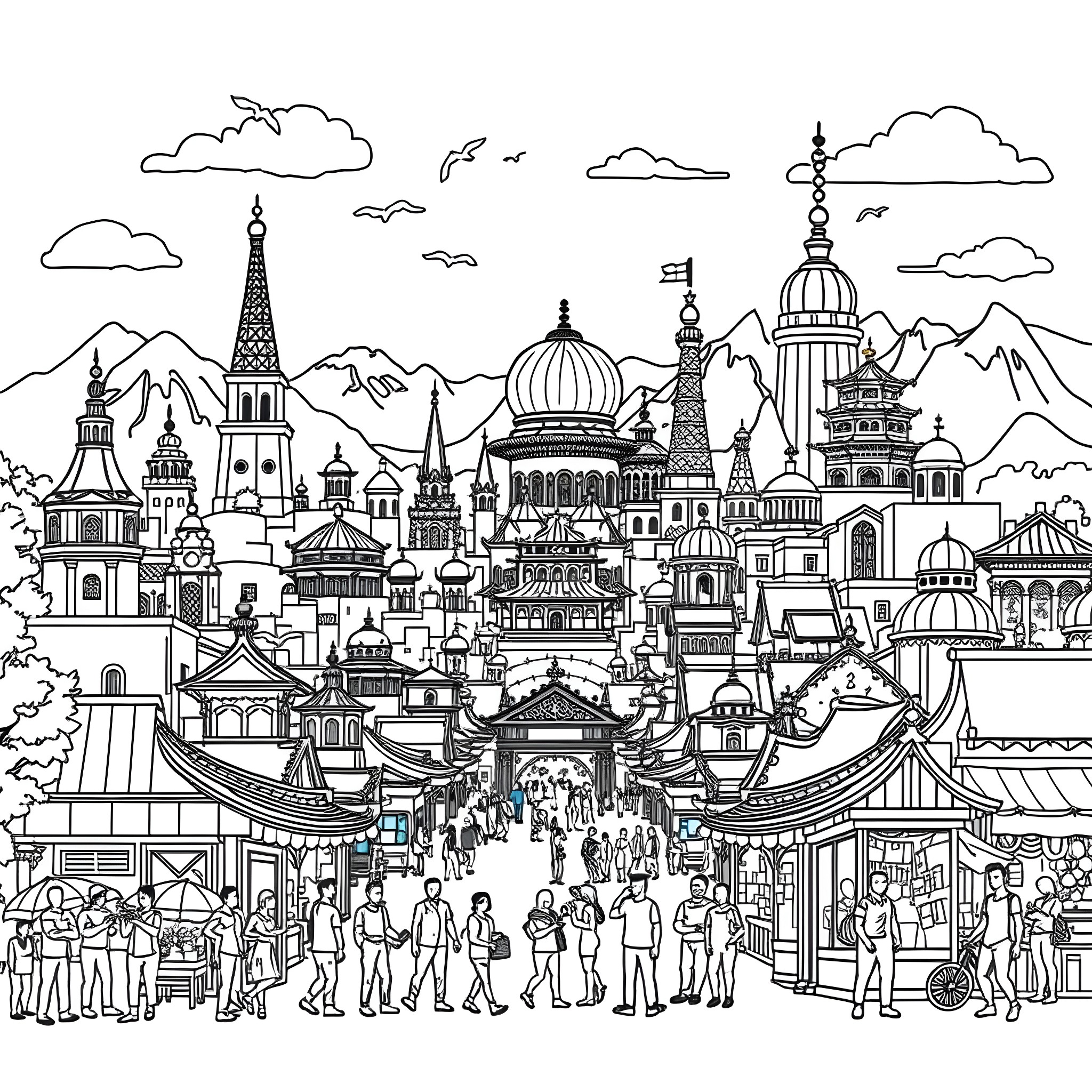 World of Vibrant Architecture and Bustling Crowds Coloring Page (free black-and-white line drawing printable PDF for all, from beginners to advanced learners, including children, teens, adults, and seniors)