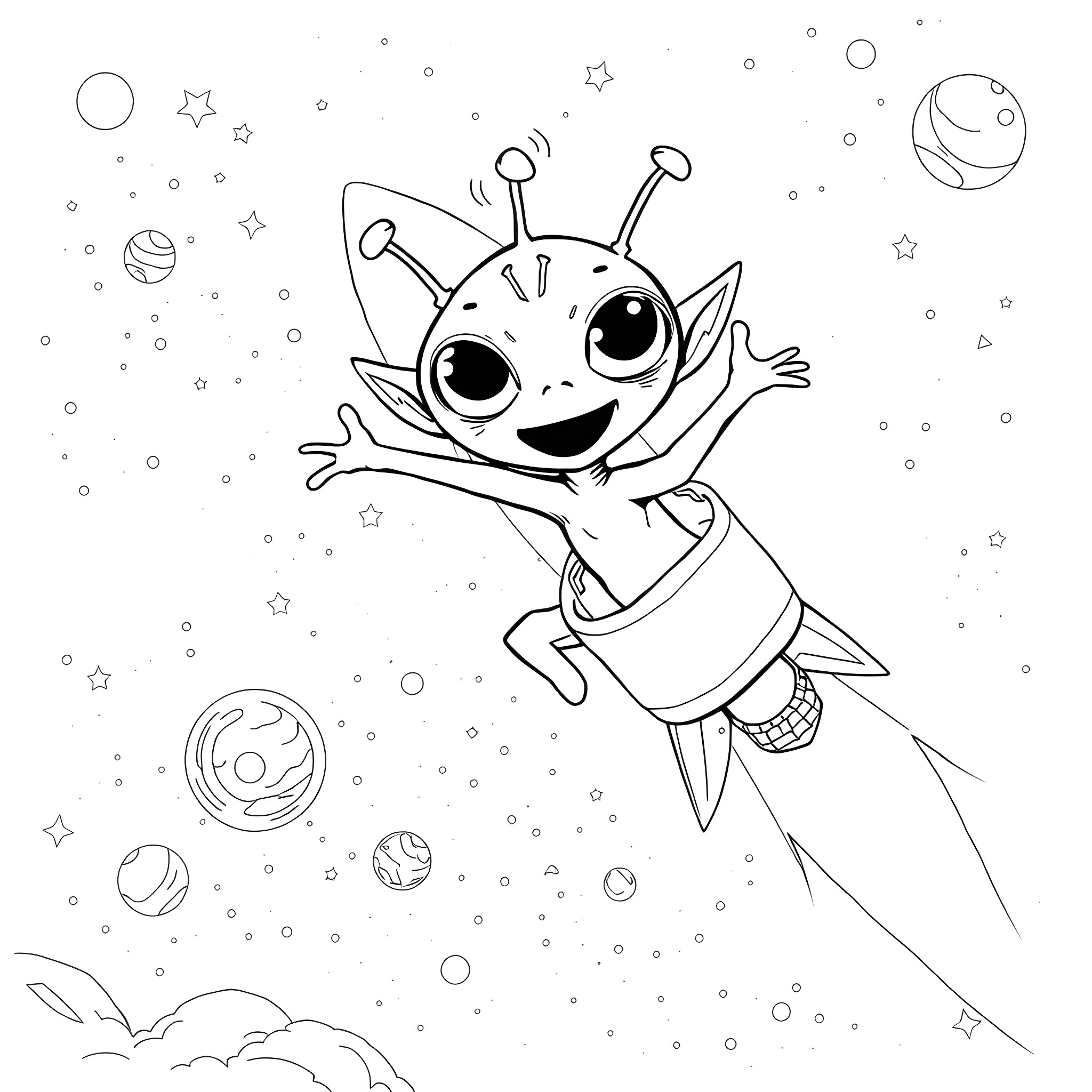 Alien Creature Exploring Outer Space Joyfully Coloring Page (free black-and-white line drawing printable PDF for all, from beginners to advanced learners, including children, teens, adults, and seniors)