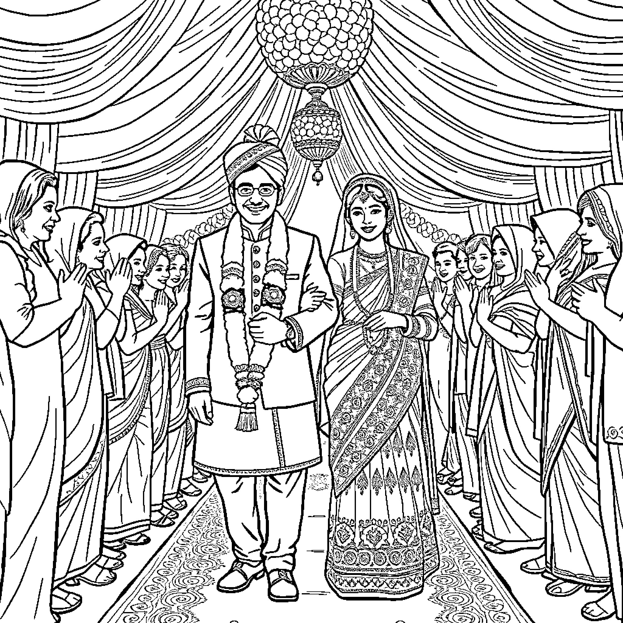 Bride and Groom at Traditional Wedding Ceremony Coloring Page (free black-and-white line drawing printable PDF for all, from beginners to advanced learners, including children, teens, adults, and seniors)