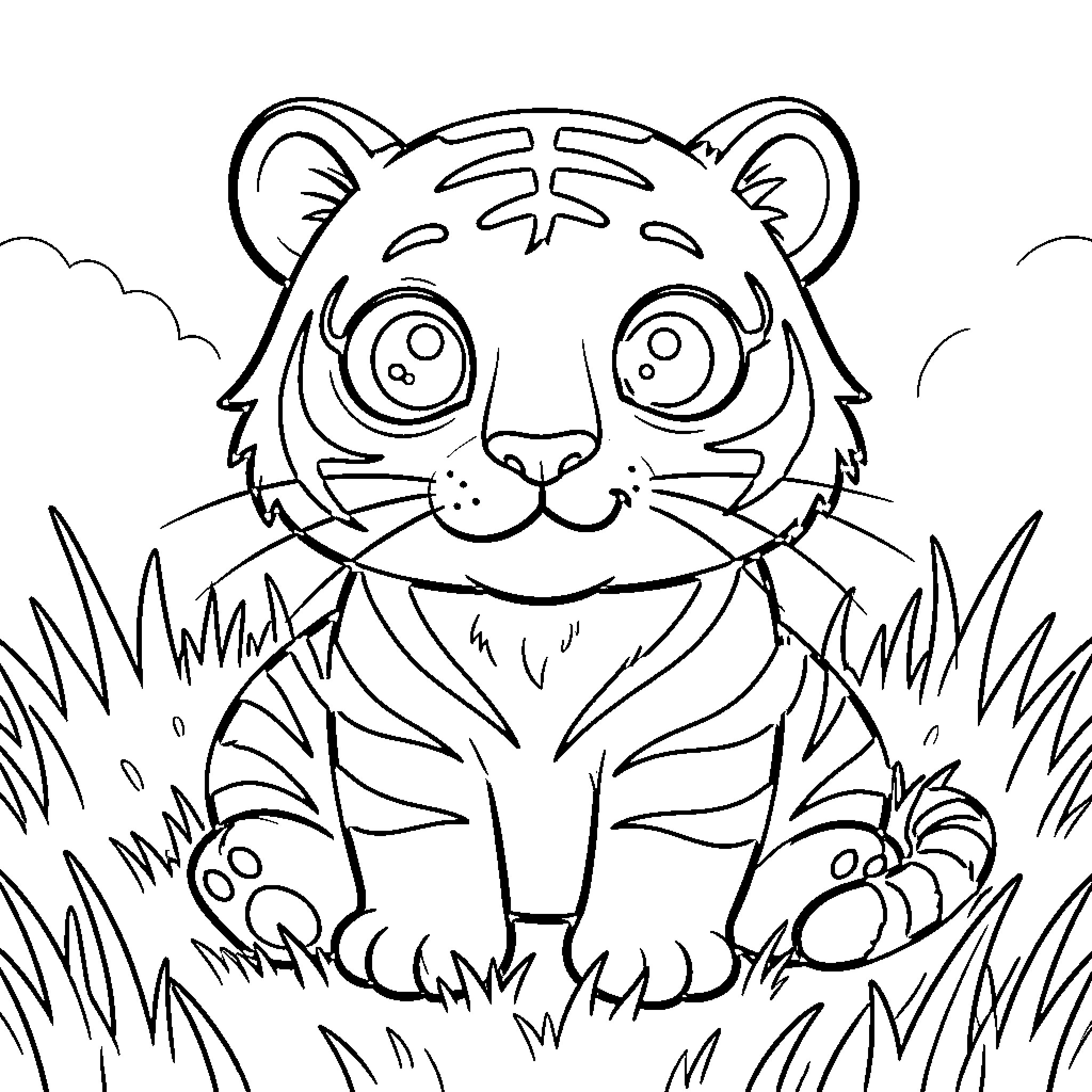 Tiger cub playing in the grass Coloring Page (free black-and-white line drawing printable PDF for all, from beginners to advanced learners, including children, teens, adults, and seniors)