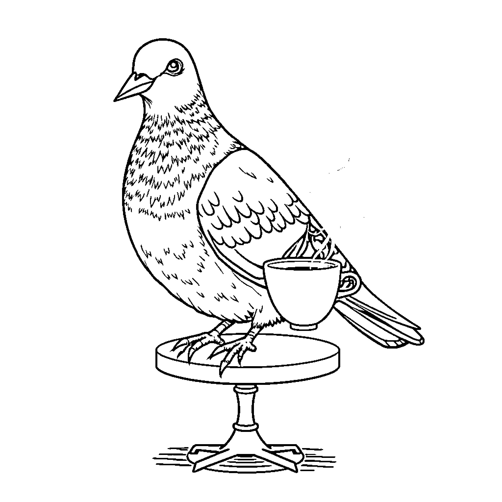 Pigeon enjoying a coffee break Coloring Page (free black-and-white line drawing printable PDF for all, from beginners to advanced learners, including children, teens, adults, and seniors)