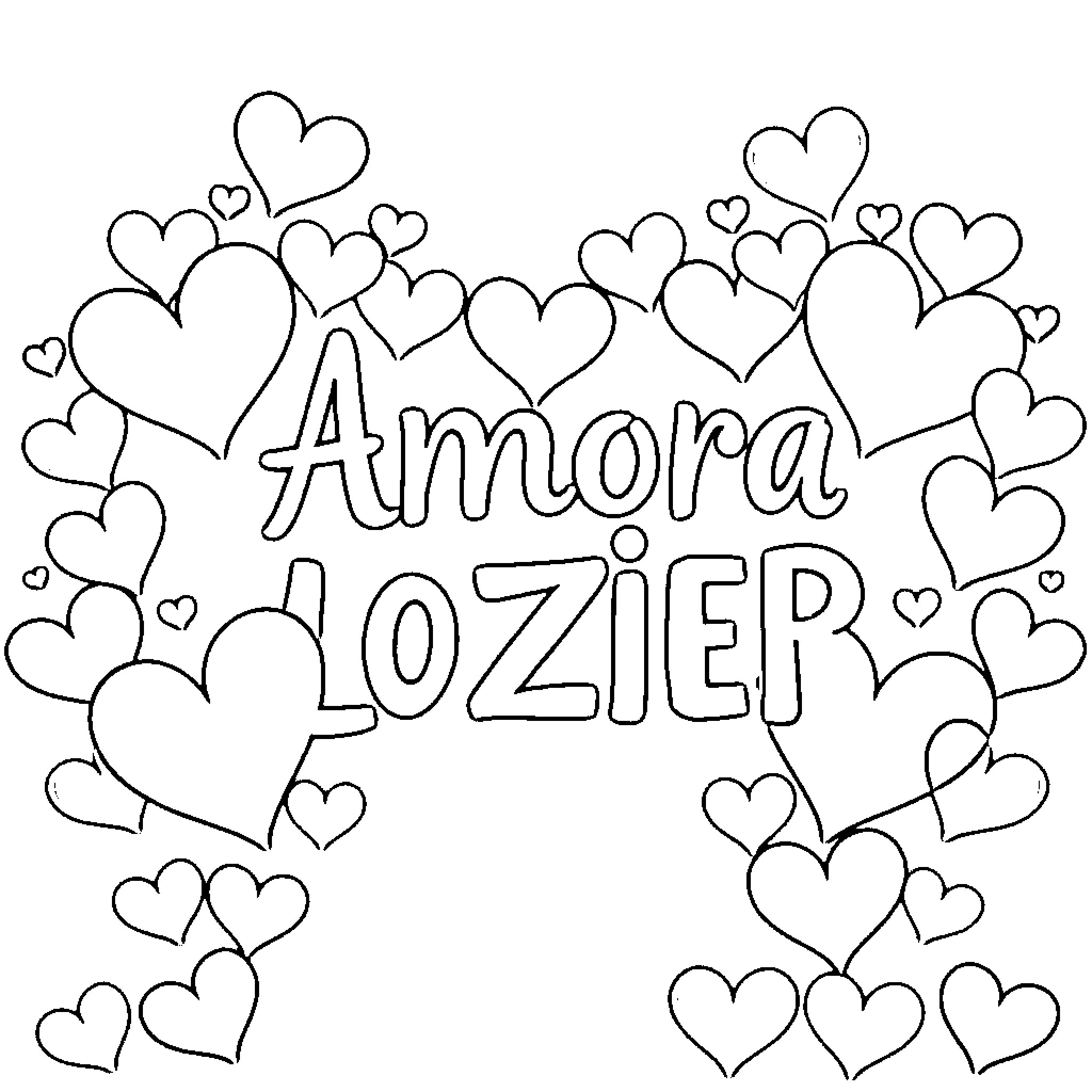 Amora Lozier surrounded by hearts Coloring Page (free black-and-white line drawing printable PDF for all, from beginners to advanced learners, including children, teens, adults, and seniors)
