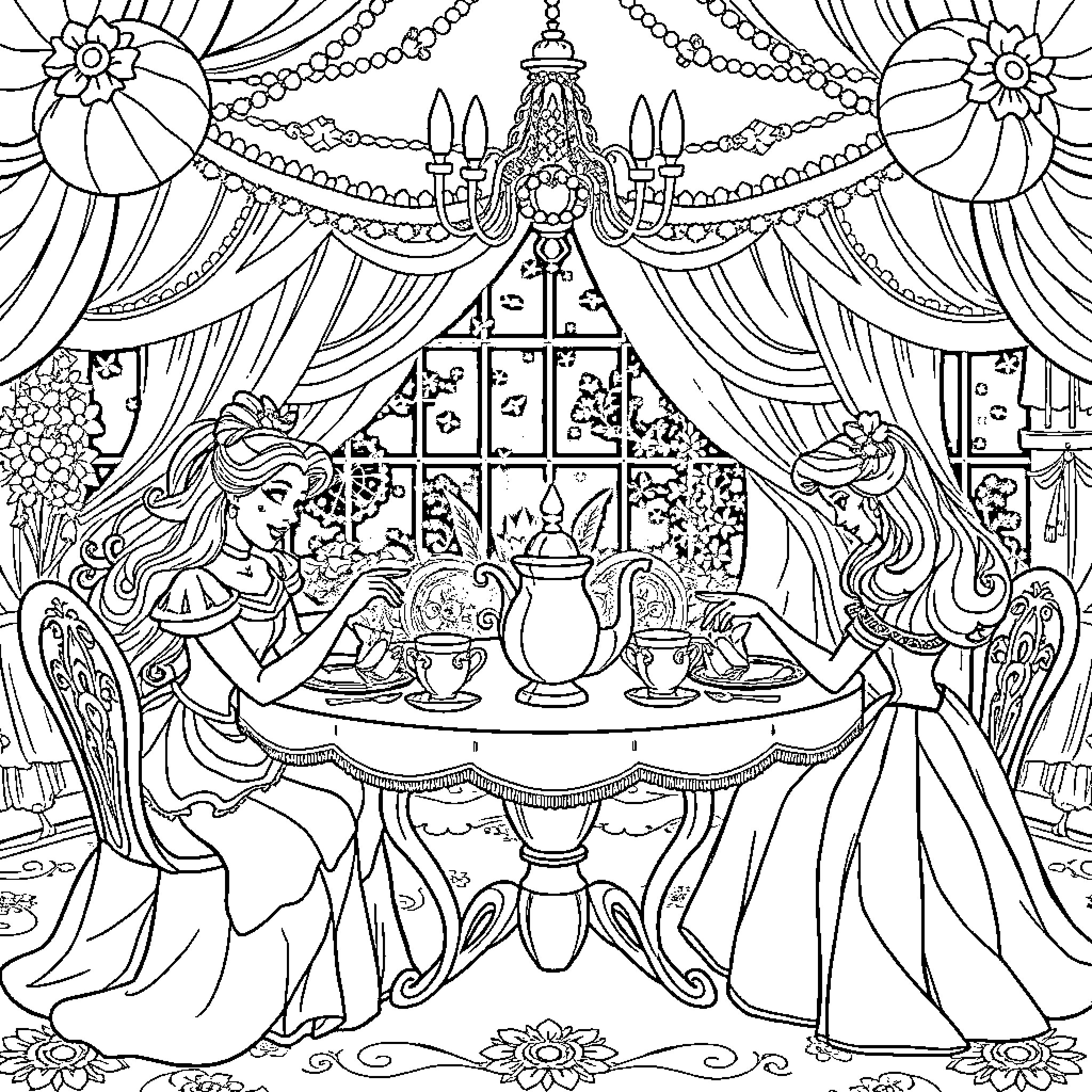 Princess Enjoying Tea Time with Fairy Companion Coloring Page (free black-and-white line drawing printable PDF for all, from beginners to advanced learners, including children, teens, adults, and seniors)