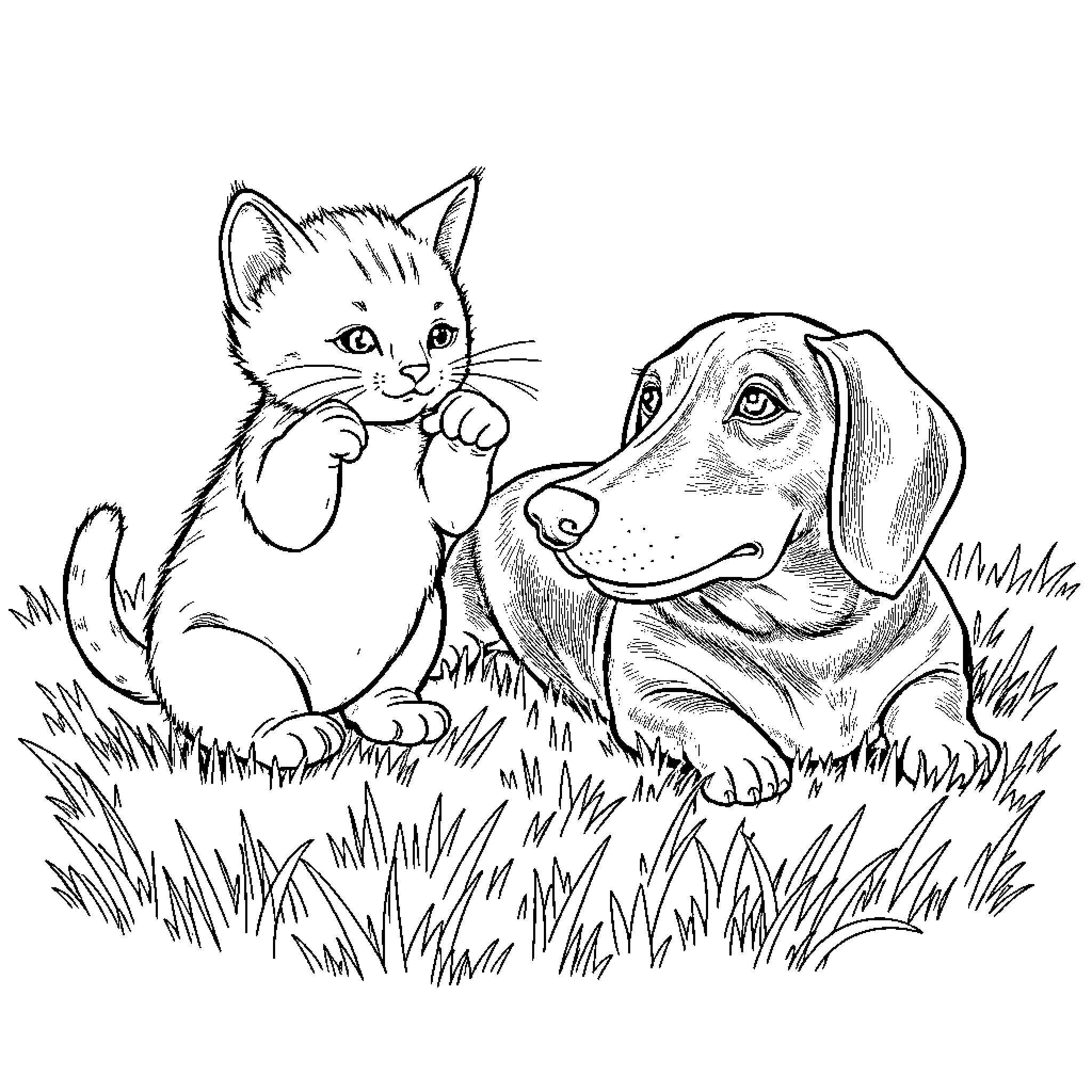 Cat and dog relaxing together in the grass Coloring Page (free black-and-white line drawing printable PDF for all, from beginners to advanced learners, including children, teens, adults, and seniors)