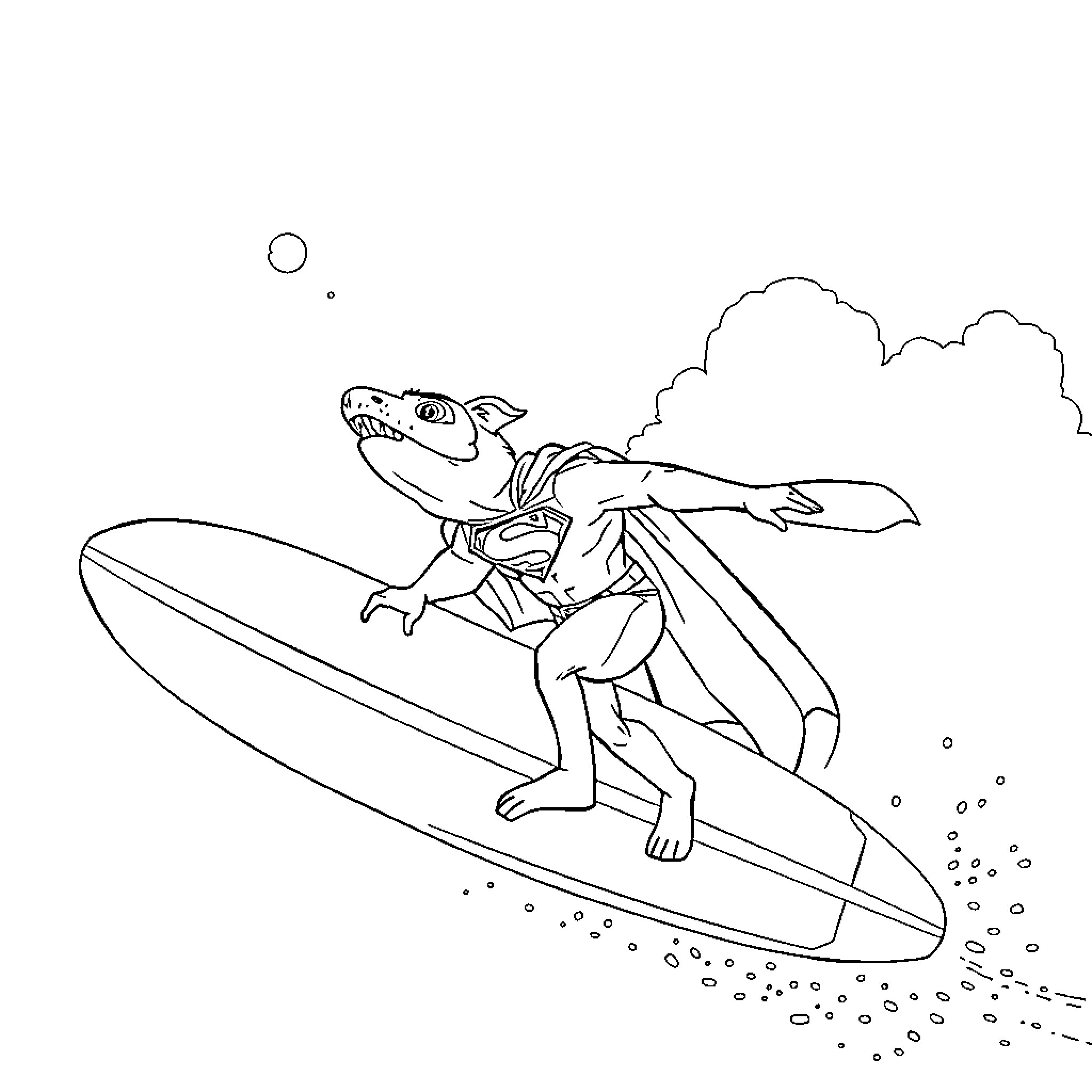 Tournevis surfs on a wave in the ocean Coloring Page (free black-and-white line drawing printable PDF for all, from beginners to advanced learners, including children, teens, adults, and seniors)