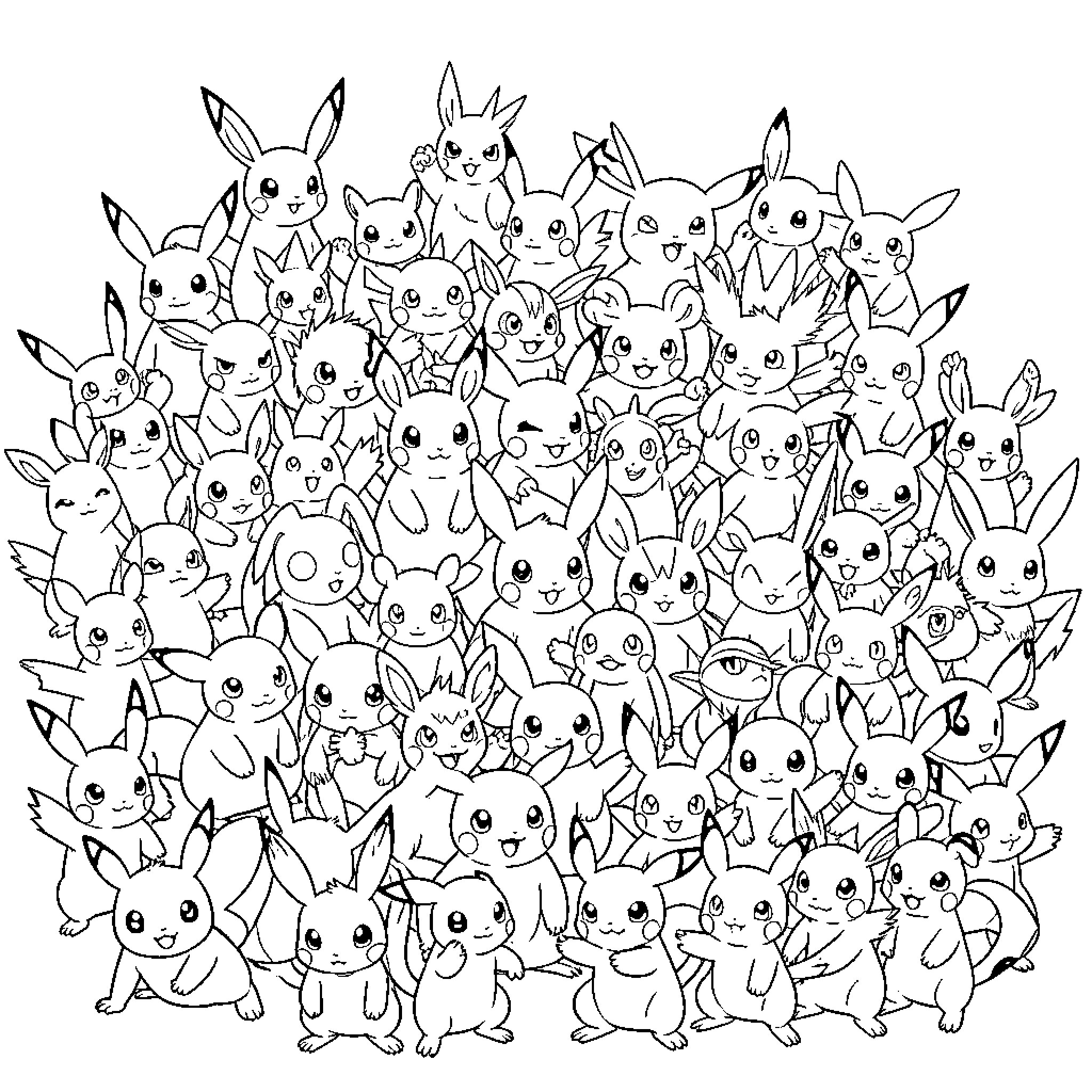 Pokémon Cute Characters Gathering Coloring Page (free black-and-white line drawing printable PDF for all, from beginners to advanced learners, including children, teens, adults, and seniors)