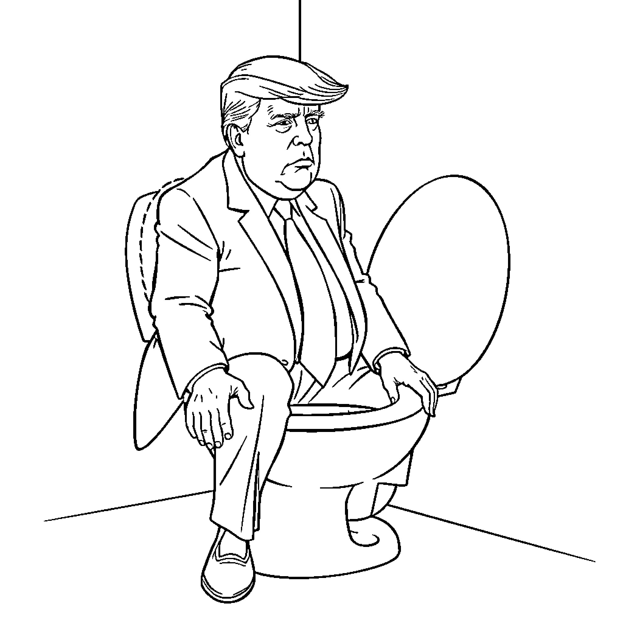Trump's Contemplative Pose on the Toilet Coloring Page (free black-and-white line drawing printable PDF for all, from beginners to advanced learners, including children, teens, adults, and seniors)