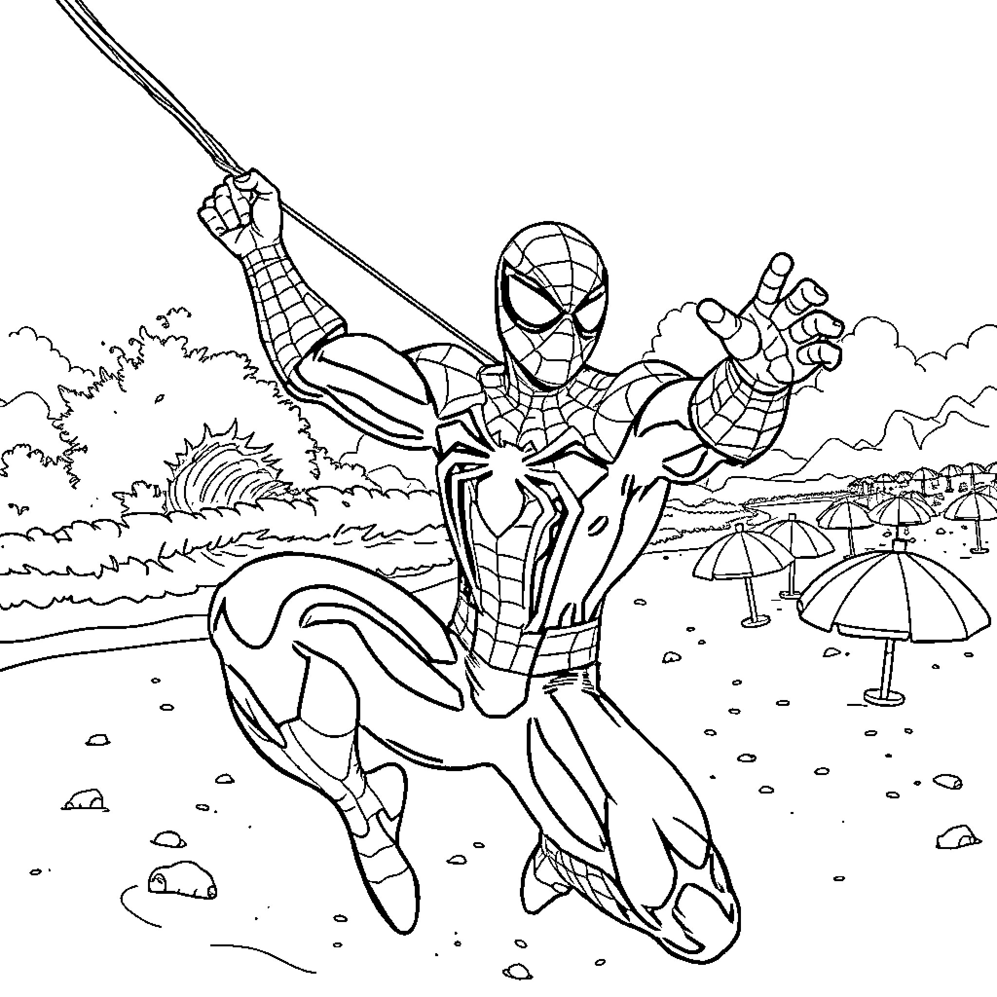 Spiderman swinging through the city on a beach Coloring Page (free black-and-white line drawing printable PDF for all, from beginners to advanced learners, including children, teens, adults, and seniors)
