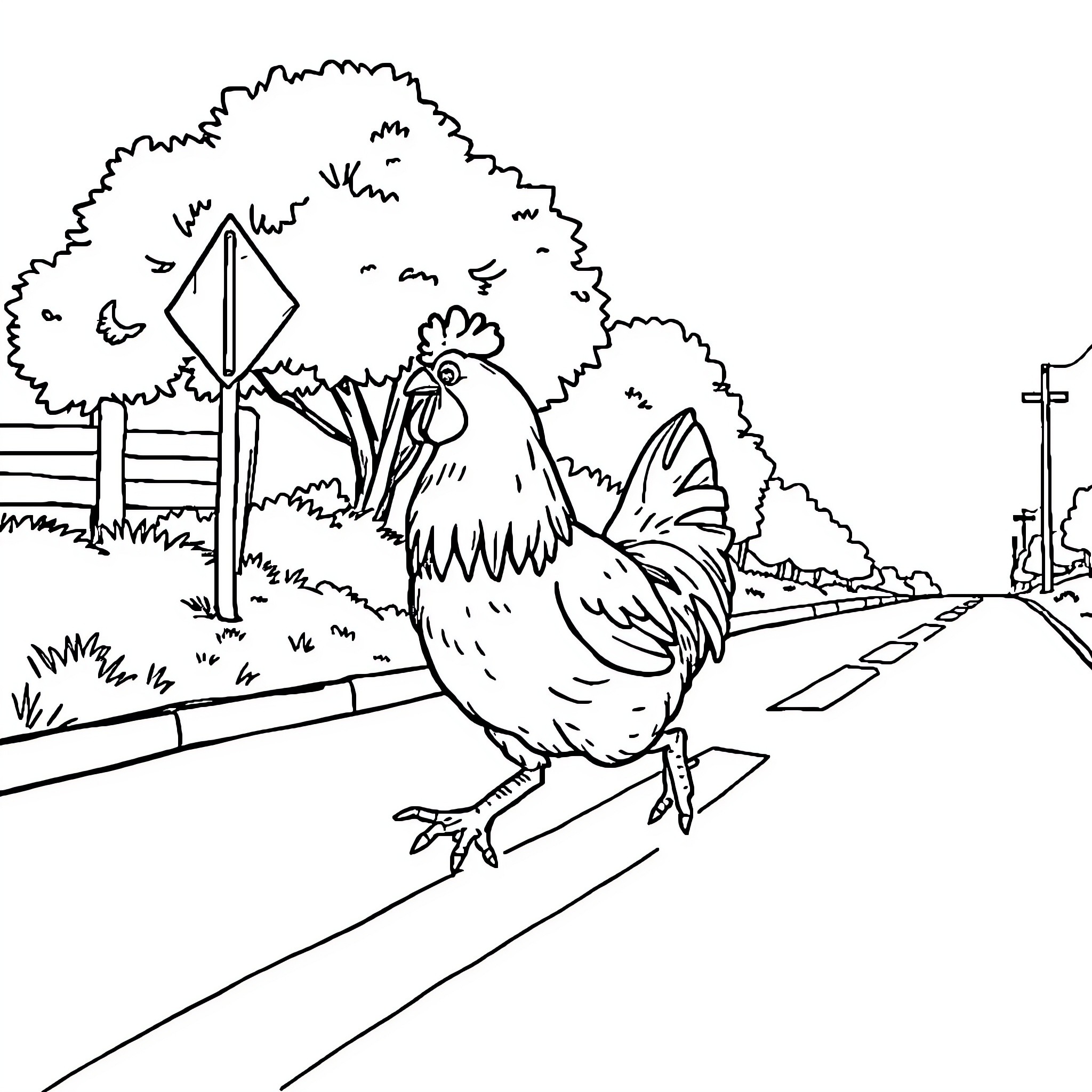 Chicken crossing the road Coloring Page (free black-and-white line drawing printable PDF for all, from beginners to advanced learners, including children, teens, adults, and seniors)