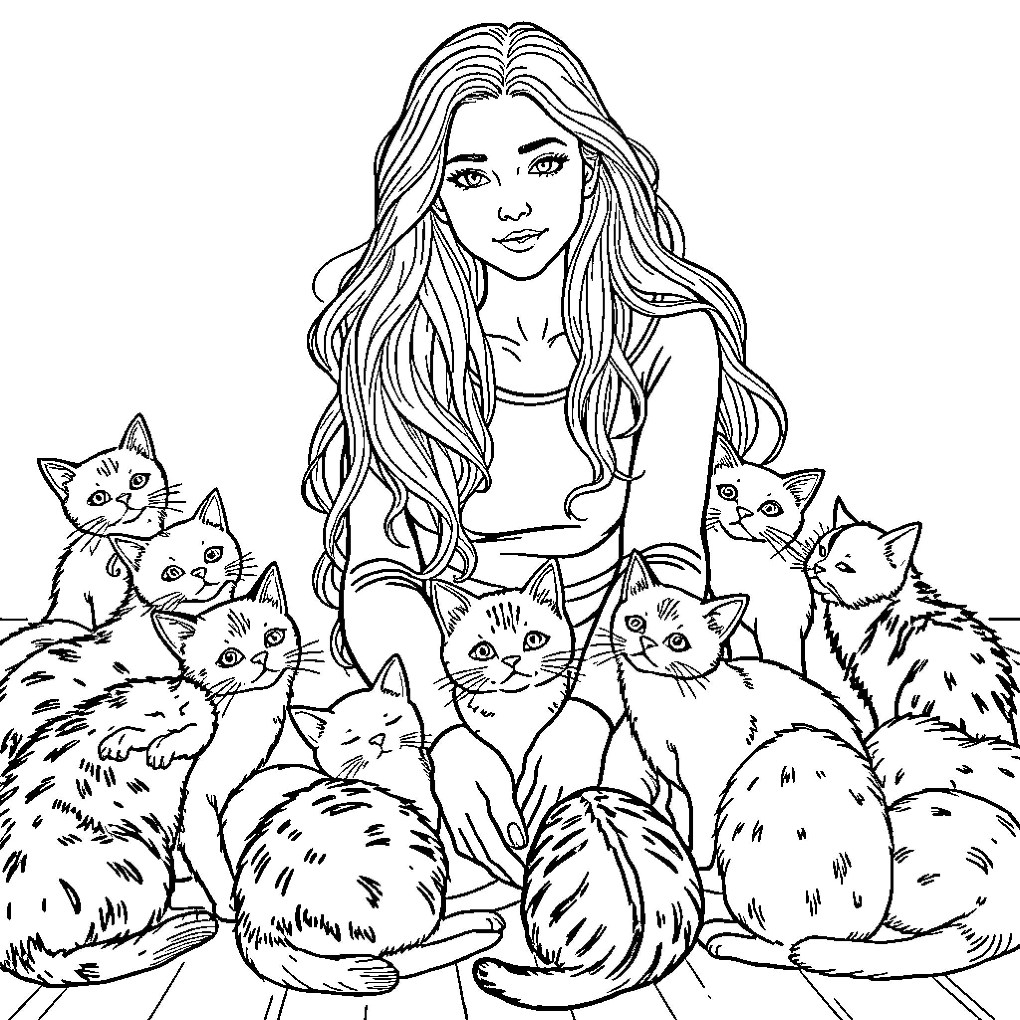 Woman Surrounded by Playful Kittens Coloring Page (free black-and-white line drawing printable PDF for all, from beginners to advanced learners, including children, teens, adults, and seniors)
