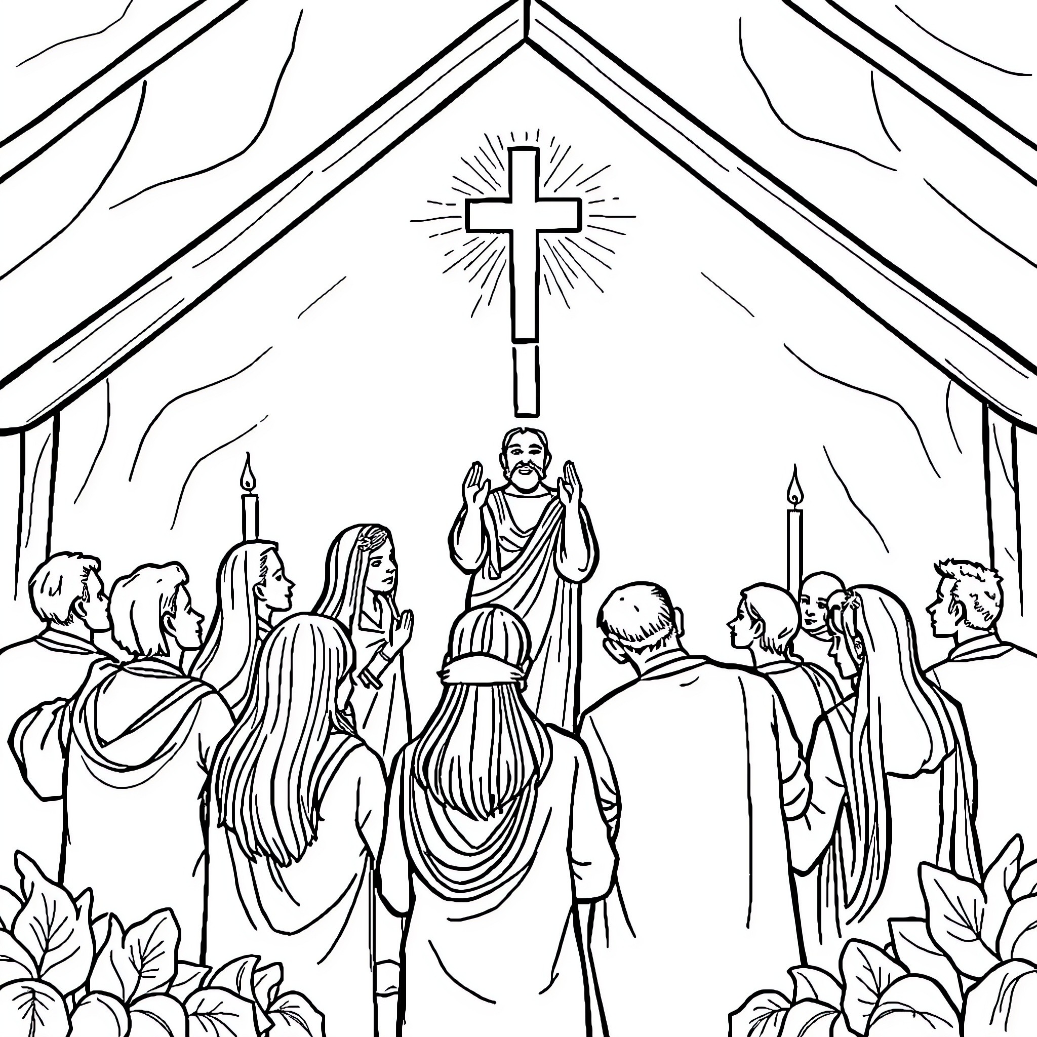 Faith in the Heavenly Light Coloring Page (free black-and-white line drawing printable PDF for all, from beginners to advanced learners, including children, teens, adults, and seniors)