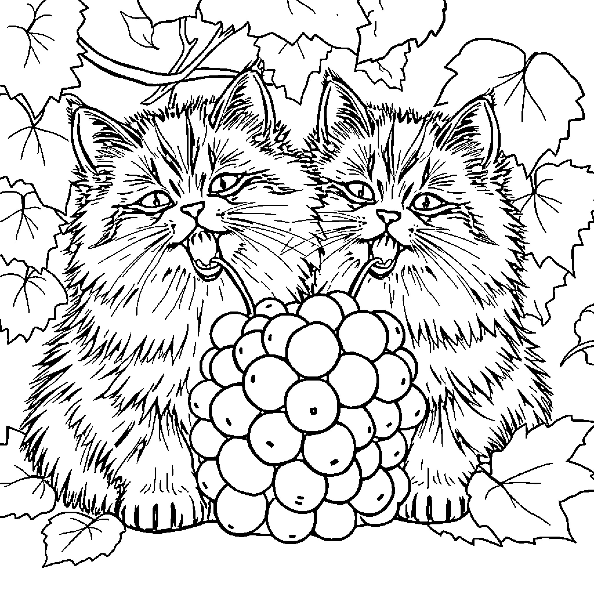 Cats with Grapes Coloring Page (free black-and-white line drawing printable PDF for all, from beginners to advanced learners, including children, teens, adults, and seniors)