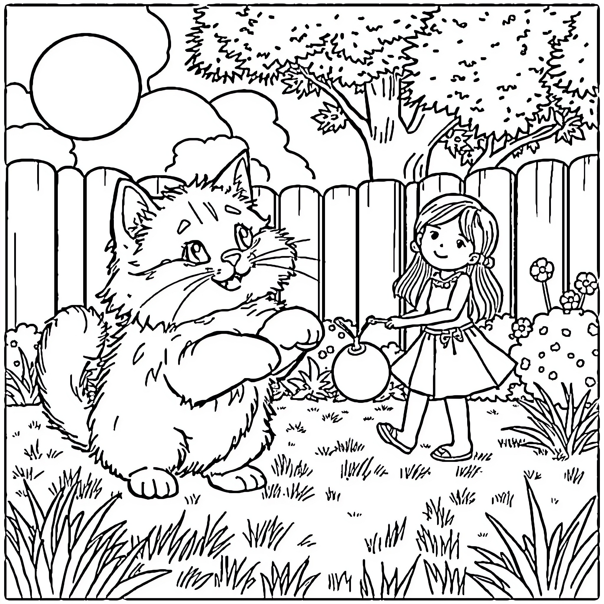 Cat and girl playing in the garden Coloring Page (free black-and-white line drawing printable PDF for all, from beginners to advanced learners, including children, teens, adults, and seniors)