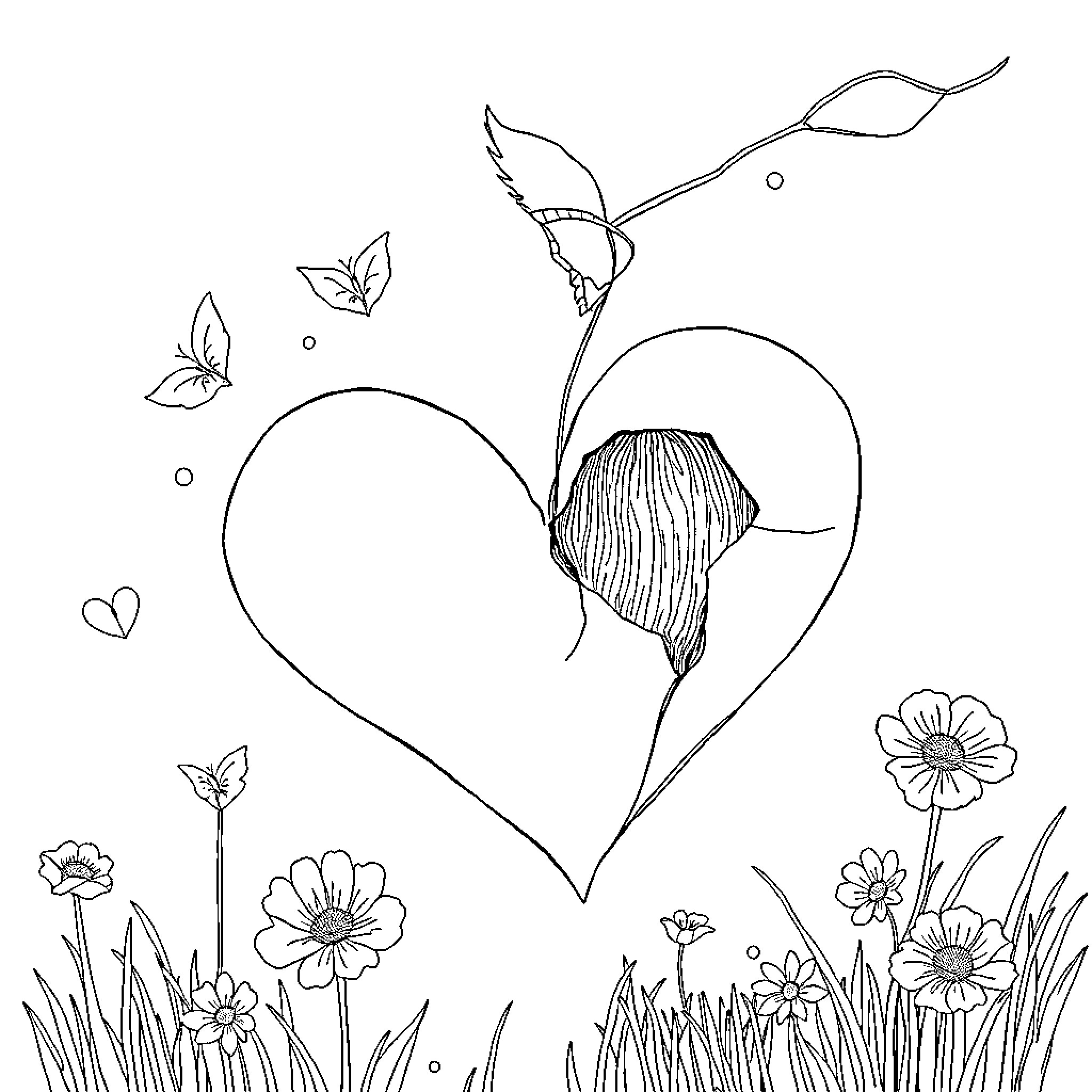 Heart Blooming Amidst Nature's Beauty Coloring Page (free black-and-white line drawing printable PDF for all, from beginners to advanced learners, including children, teens, adults, and seniors)
