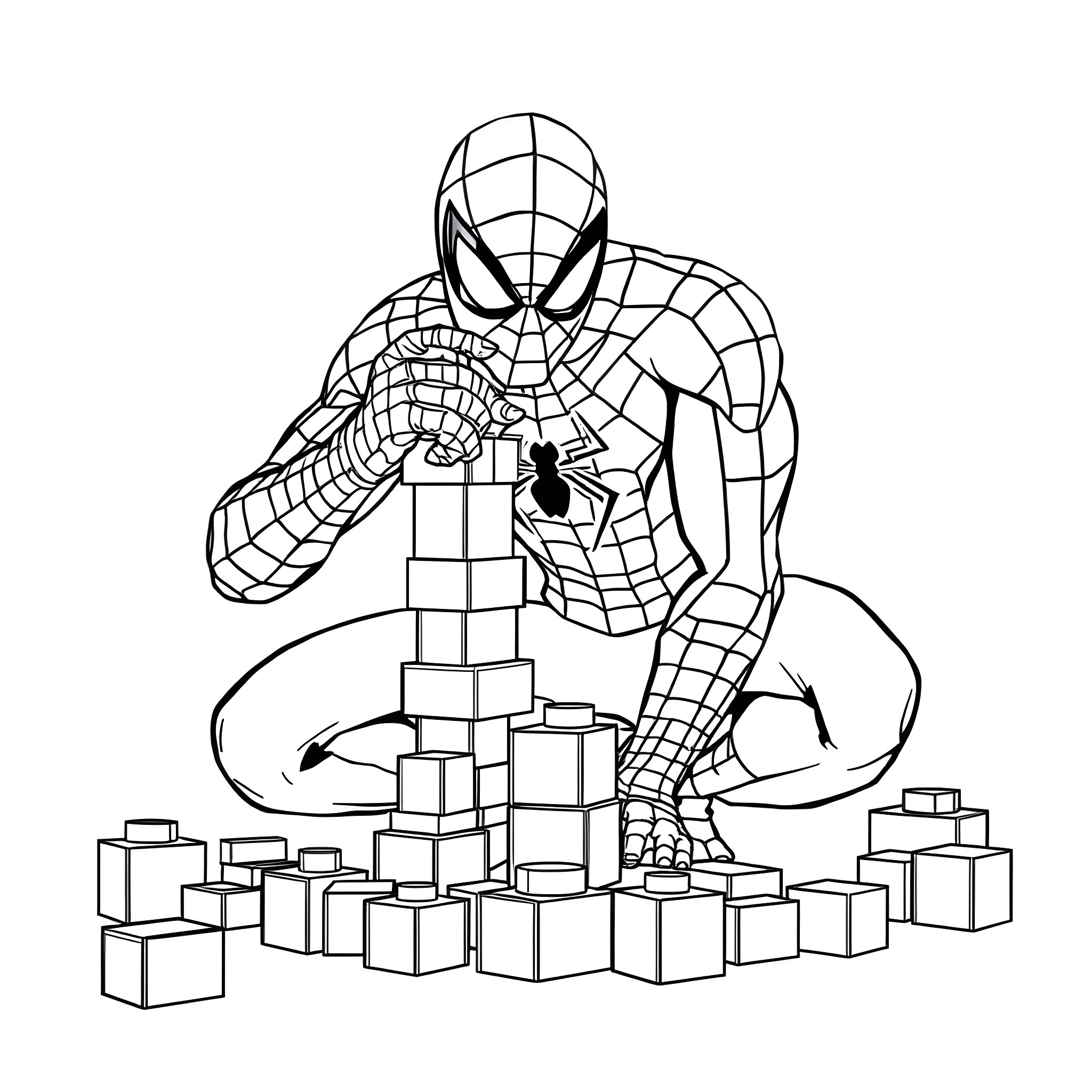 Spider-Man swinging among building blocks Coloring Page (free black-and-white line drawing printable PDF for all, from beginners to advanced learners, including children, teens, adults, and seniors)