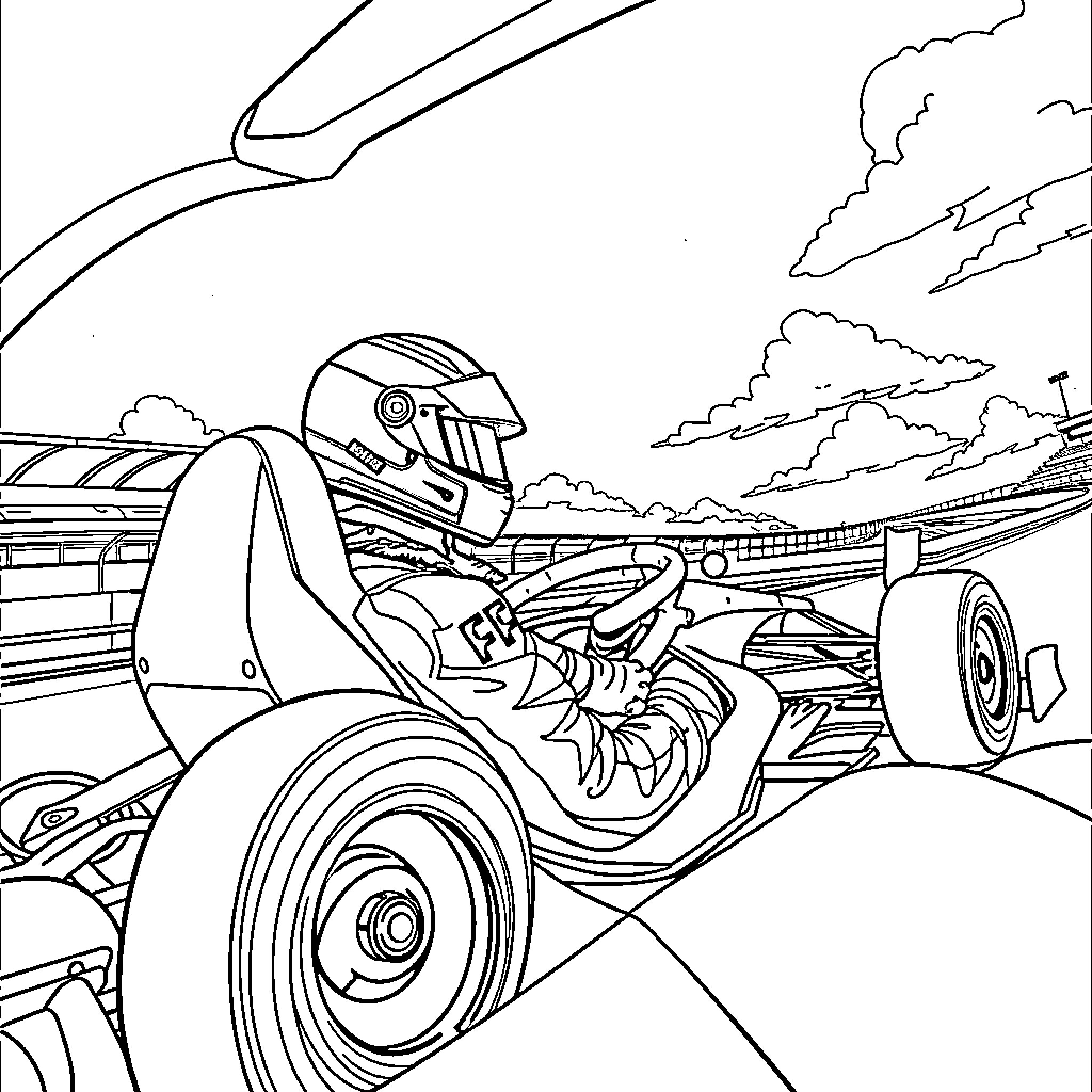 F1 Driver Speeding on Racing Track Coloring Page (free black-and-white line drawing printable PDF for all, from beginners to advanced learners, including children, teens, adults, and seniors)