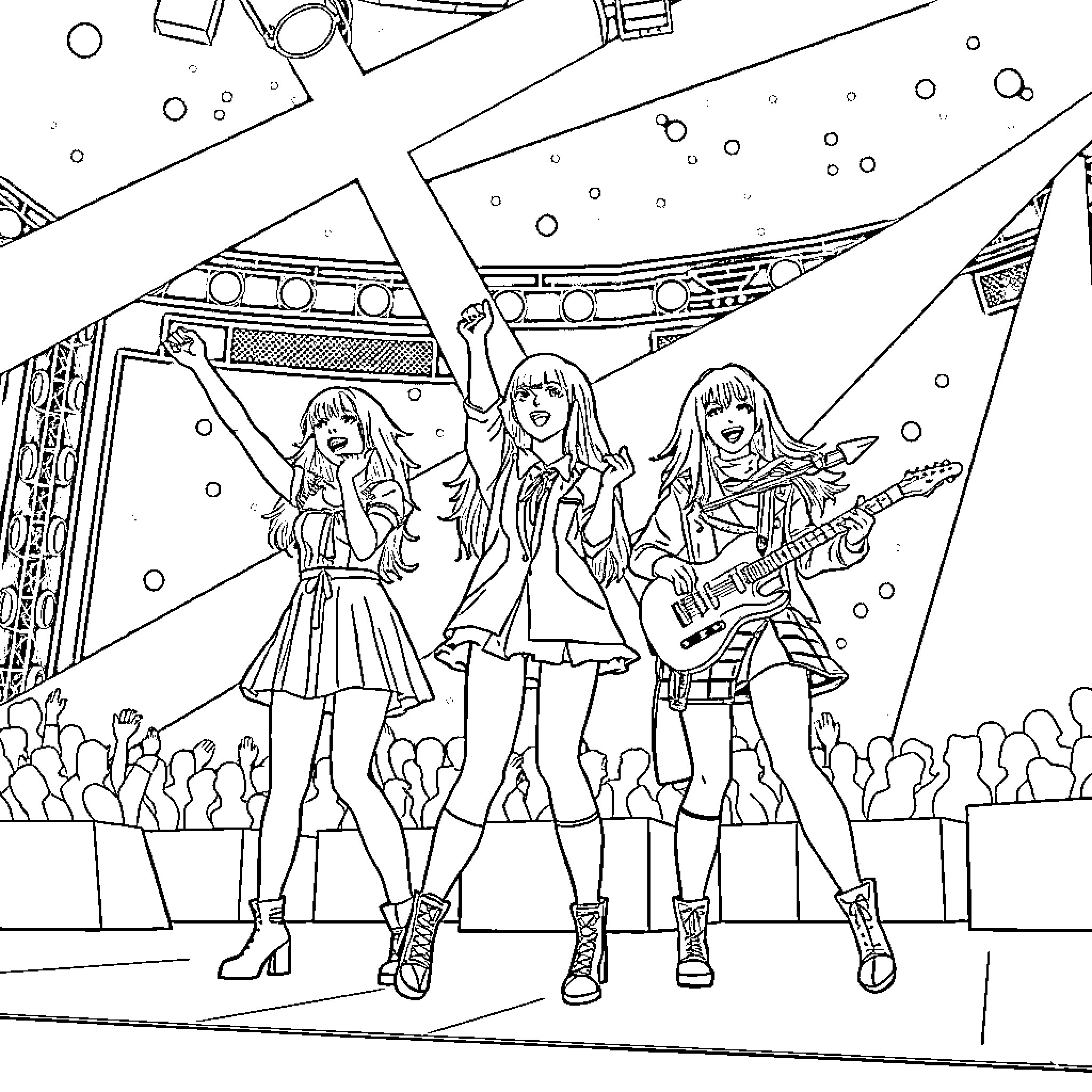 K Pop Warrior Trio Performing on Stage Coloring Page (free black-and-white line drawing printable PDF for all, from beginners to advanced learners, including children, teens, adults, and seniors)
